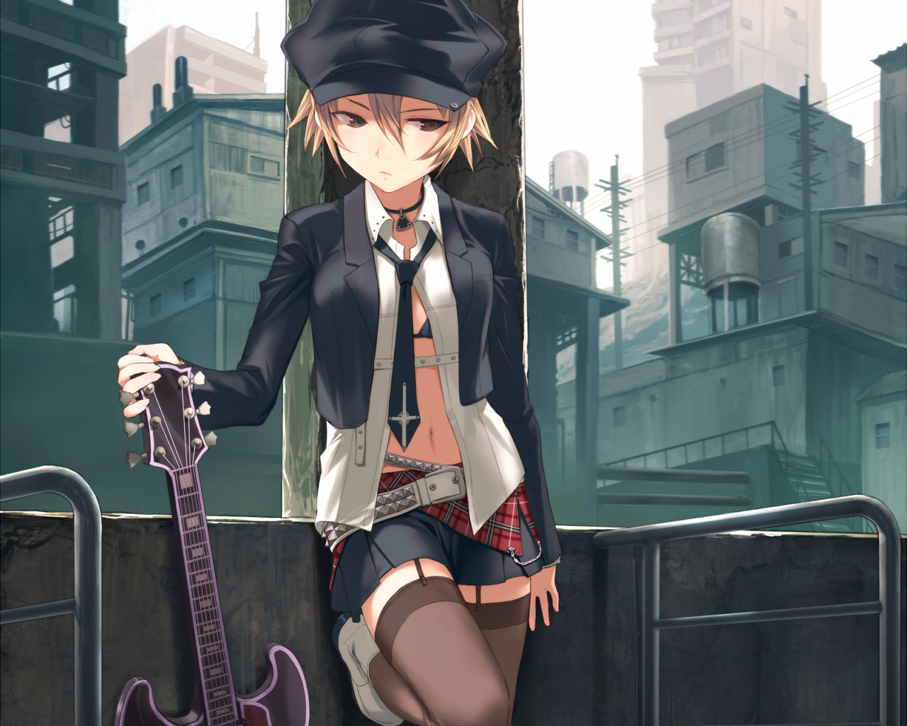uni (plastic girl), original, belt, blonde hair, bra, brown eyes, brown hair, city, frown, guitar, hat, instrument, jacket, jewelry, leaning, lingerie, miniskirt, navel, necklace, necktie, open clothes, open shirt, plaid clothes, plaid skirt, pleated skirt, shirt, shoes, short hair, skirt, standing, thighhighs, underwear, zettai ryouiki