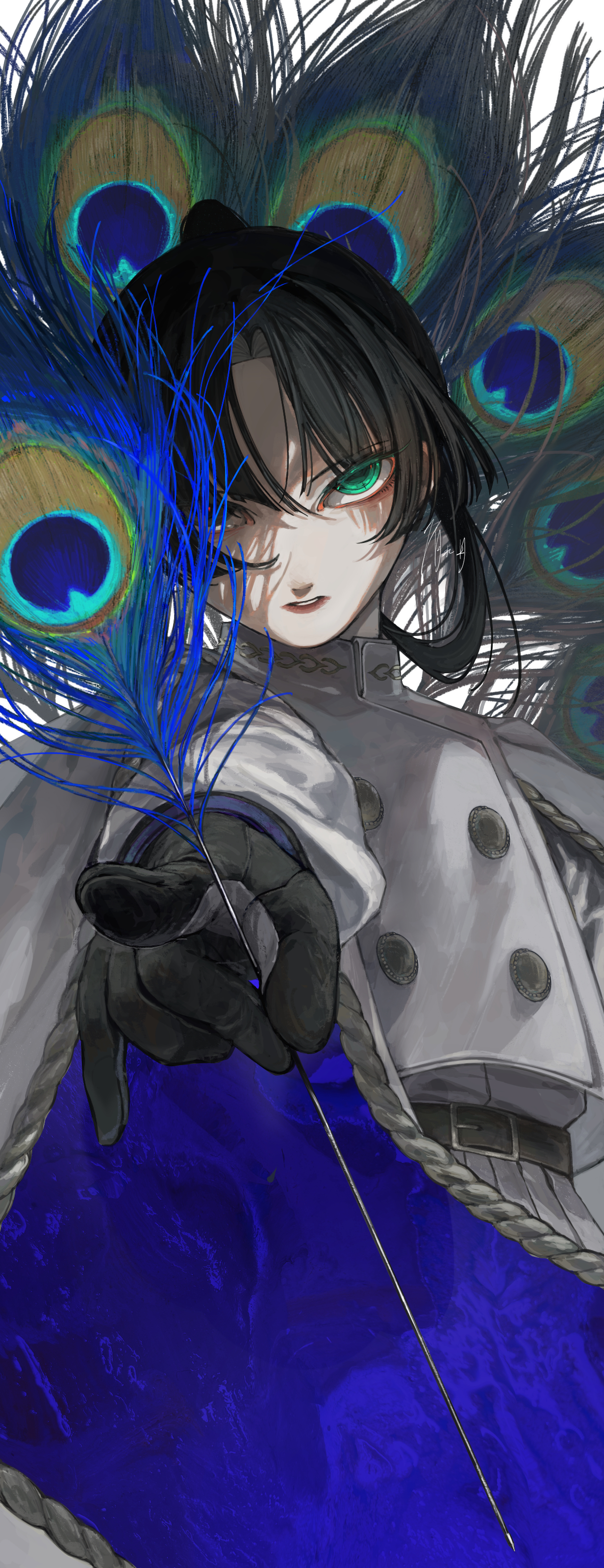 shimizu en (shimizuen3310), original, absurdres, highres, 1other, androgynous, belt buckle, black gloves, black hair, buckle, buttons, curtained hair, double-breasted, feathers, gloves, green eyes, holding, holding feather, looking at viewer, other focus, parted bangs, parted lips, peacock feathers, pointing, pointing at viewer, solo