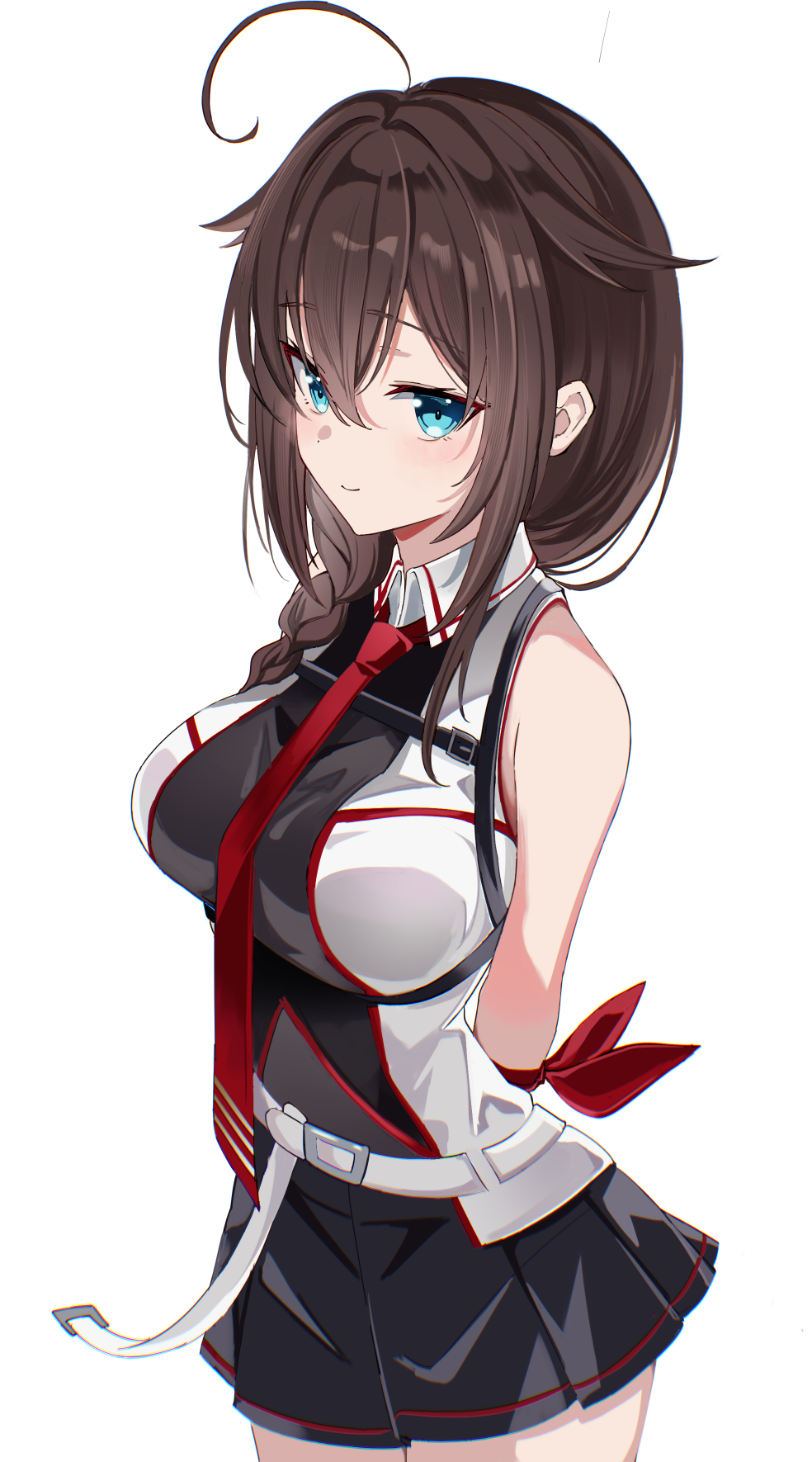 fathom, shigure (kancolle), shigure kai san (kancolle), kantai collection, highres, 1girl, black shirt, black skirt, blue eyes, breasts, brown hair, chest harness, hair between eyes, harness, large breasts, long hair, necktie, red necktie, shirt, simple background, skirt, solo, thighs, two-tone shirt, white background, white shirt