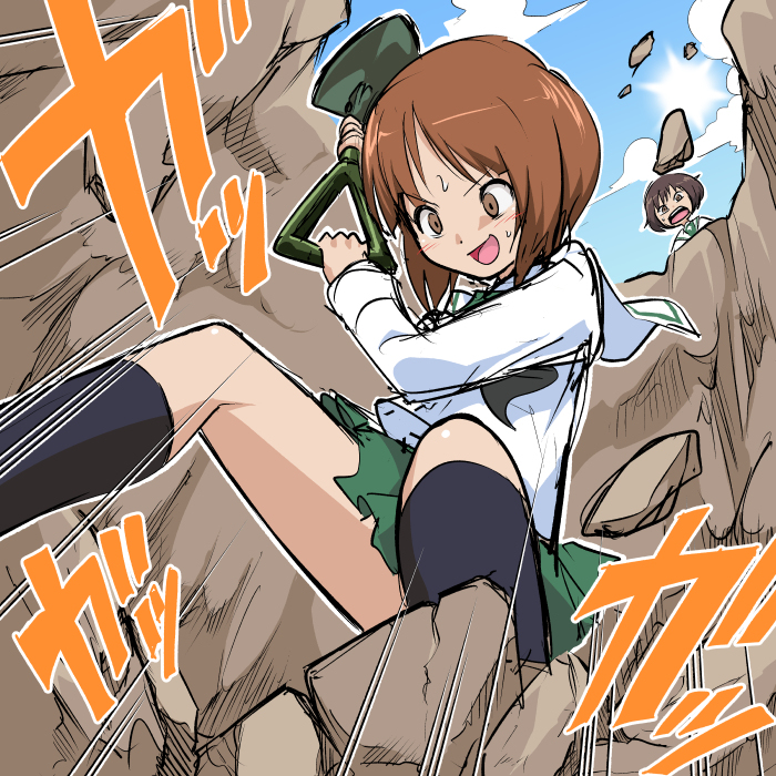 akiyama yukari, nishizumi miho, girls und panzer, non-web source, digging, ooarai school uniform, school uniform, shovel