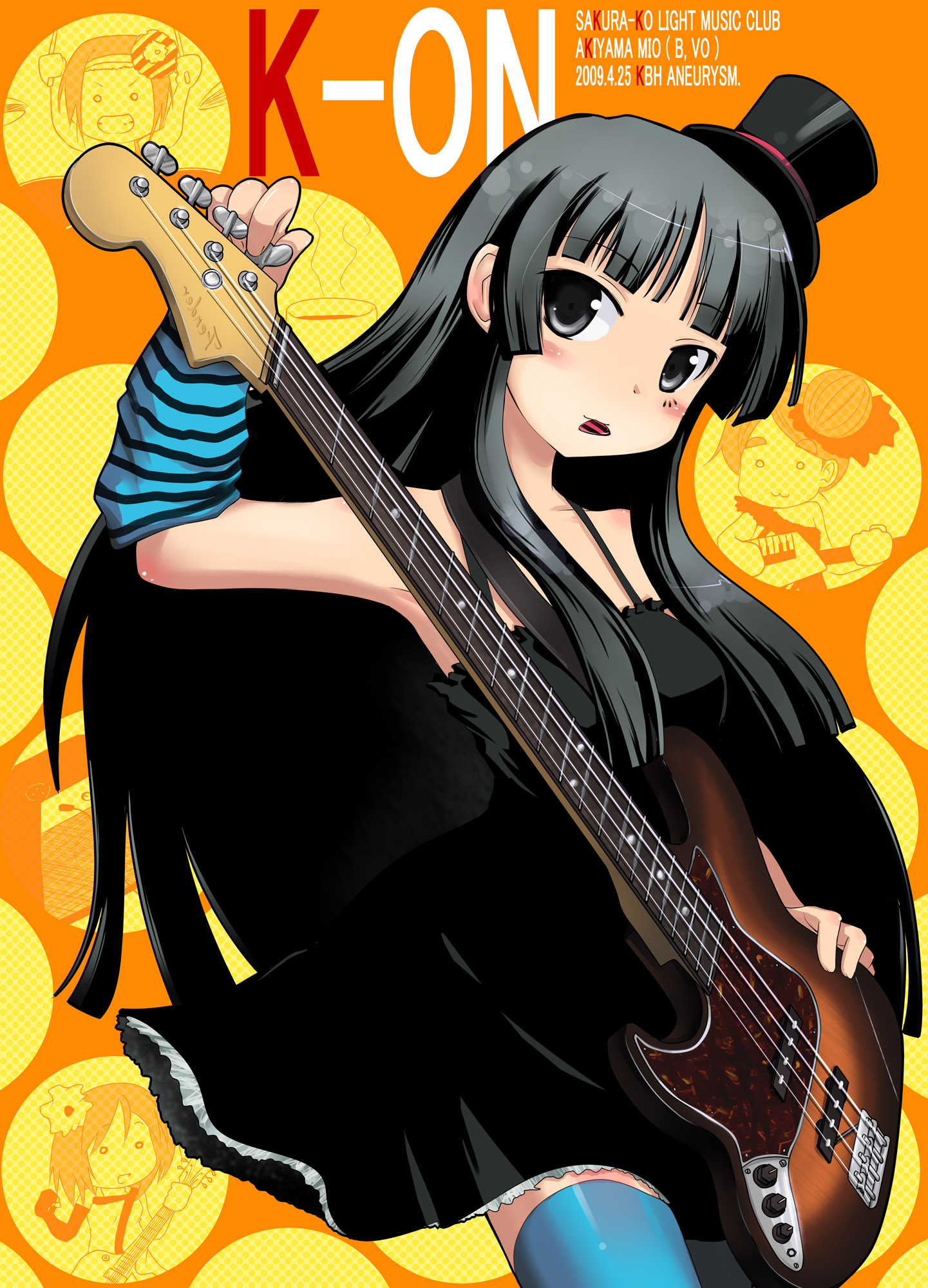 kazuboh, akiyama mio, hirasawa yui, kotobuki tsumugi, tainaka ritsu, don't say "lazy", k-on!, bad id, bad pixiv id, highres, 00s, 4girls, bass guitar, black eyes, black hair, blunt bangs, chibi, dress, facepaint, guitar, hat, hime cut, ho-kago tea time, instrument, long hair, mini hat, mini top hat, mouth hold, multiple girls, plectrum, thighhighs, top hat