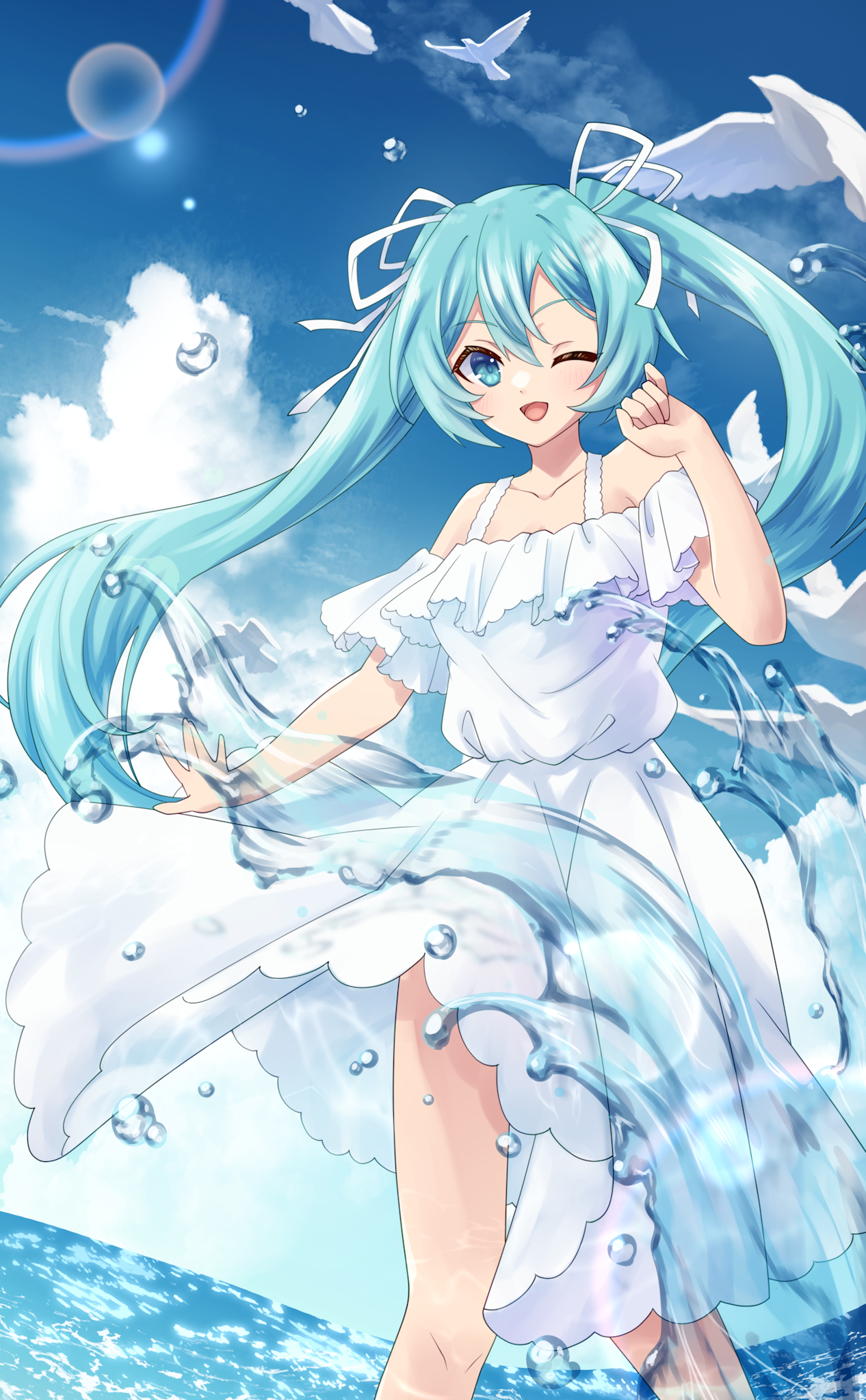 marian oekaki, hatsune miku, vocaloid, highres, 1girl, alternate costume, aqua eyes, aqua hair, bird, blue sky, blush, cloud, collarbone, dress, hair between eyes, hair ornament, hair ribbon, looking at viewer, one eye closed, open mouth, ribbon, sky, smile, solo, splashing, splatter, water, white dress, white ribbon