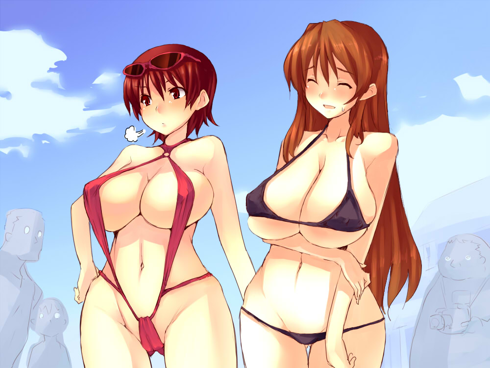 goban, original, breast hold, 2girls, bikini, breasts, brown hair, cameltoe, cleavage, closed eyes, cloud, day, embarrassed, groin, huge breasts, long hair, micro bikini, multiple girls, navel, red eyes, red hair, short hair, sky, slingshot swimsuit, strap gap, sunglasses, sweatdrop, swimsuit, underboob