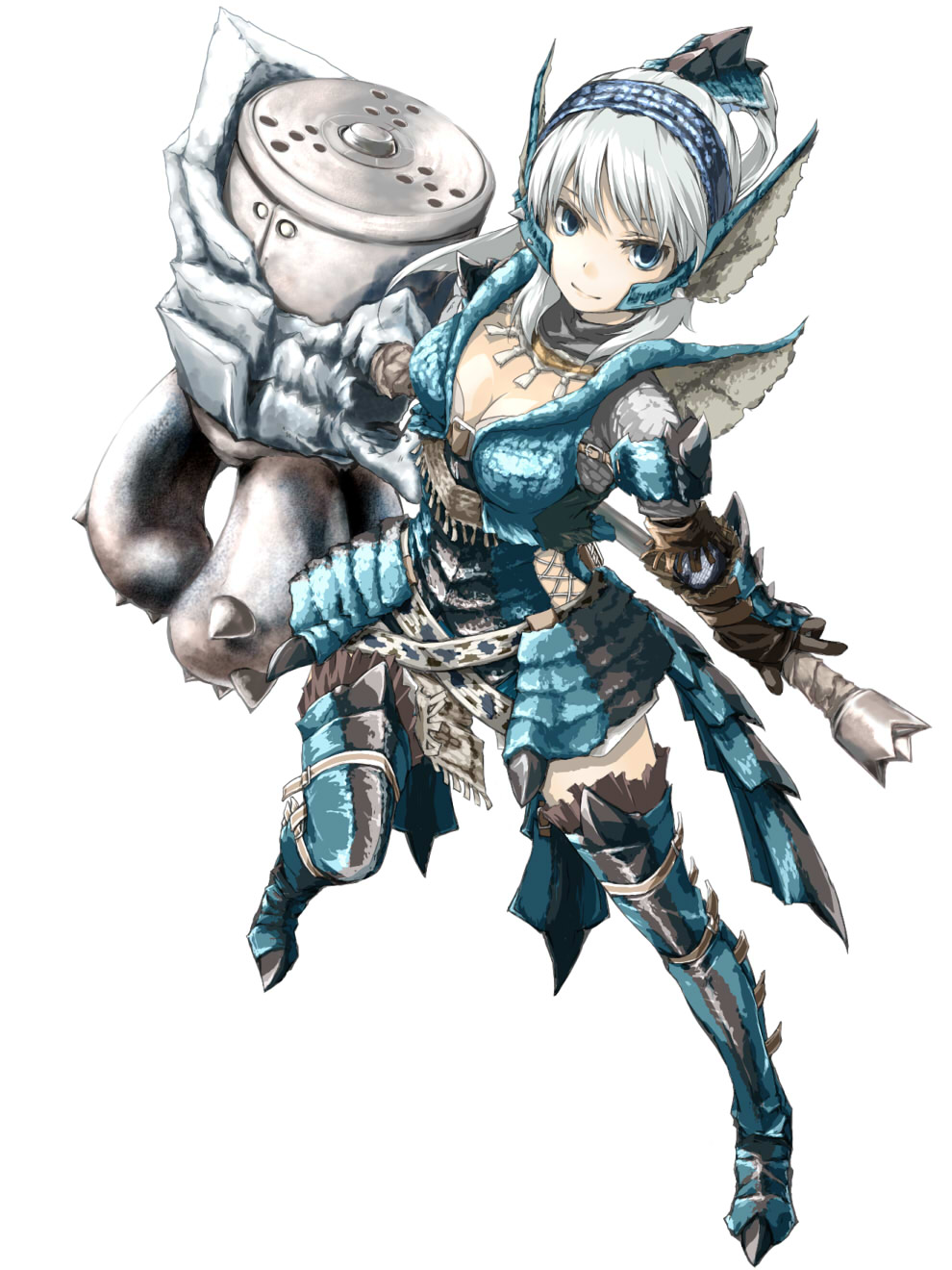 sanoharu, azure rathalos, capcom, monster hunter (series), highres, 1girl, alternate color, armor, blue eyes, breasts, cleavage, female focus, hammer, large breasts, rathalos (armor), short hair, solo, thighhighs, white hair