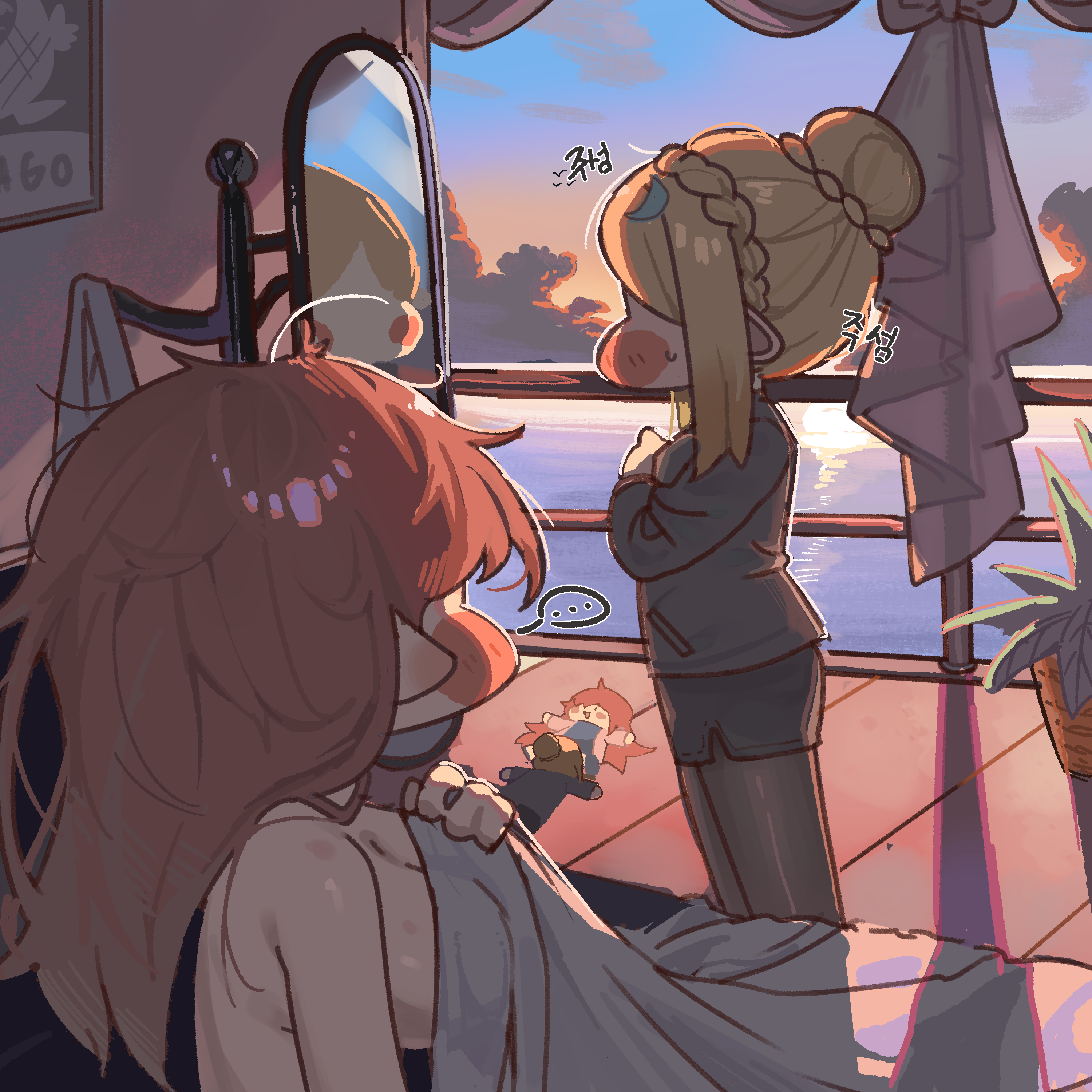 curryman (curryman06), amelia (trickcal), elena (trickcal), trickcal, absurdres, commentary, highres, translation request, …, 2girls, black jacket, black pantyhose, black skirt, blanket, blonde hair, blush stickers, braid, breasts, cloud, covering breasts, covering privates, crescent, crescent hair ornament, crown braid, dressing, facing another, facing away, formal clothes, from side, full-length mirror, hair bun, hair ornament, holding, holding blanket, jacket, korean text, large breasts, long hair, messy hair, mirror, morning after, multiple girls, nude, ocean, orange hair, pantyhose, pencil skirt, pointy ears, profile, puffy cheeks, single hair bun, skirt, skirt suit, spoken ellipsis, standing, suit, sunrise, wooden floor, yuri