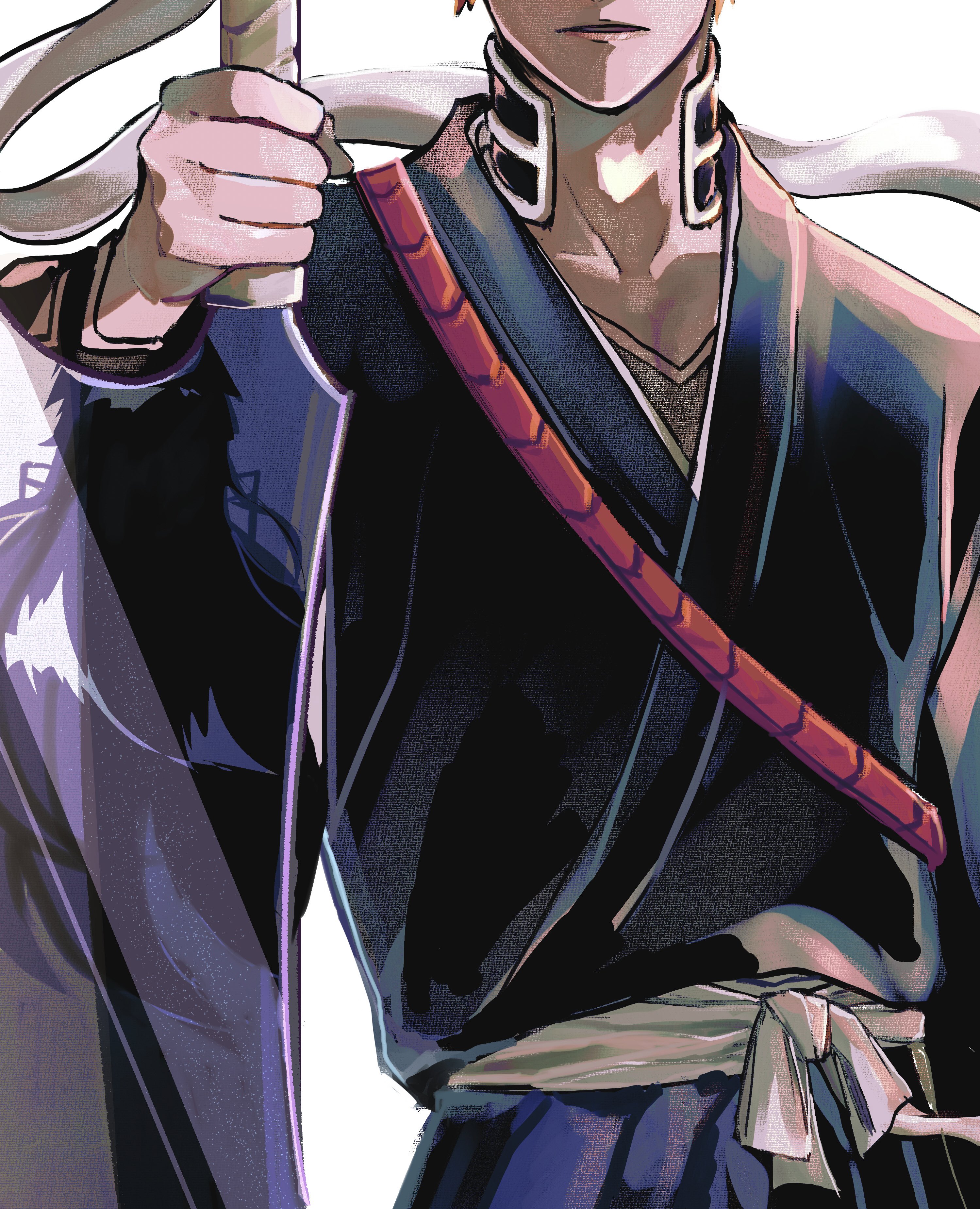 siji105, kurosaki ichigo, bleach, bleach: sennen kessen-hen, absurdres, commentary request, highres, 1boy, bandaged weapon, black kimono, head out of frame, holding, holding sword, holding weapon, japanese clothes, kimono, male focus, orange hair, parted lips, short hair, simple background, solo, sword, weapon, white background, zanpakutou