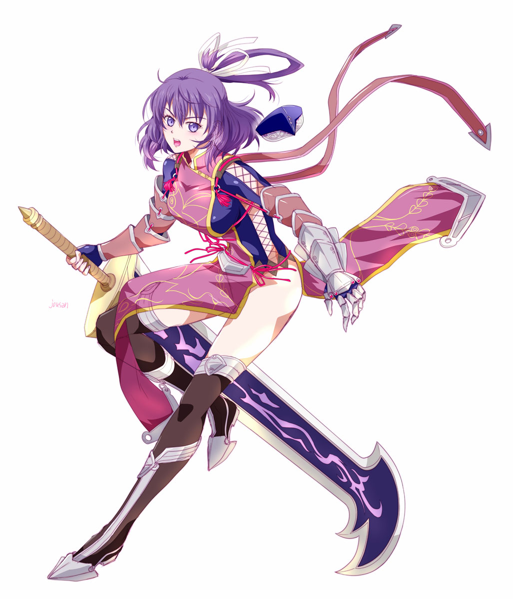 xiacheng tatsuya, rixia mao, ao no kiseki, eiyuu densetsu, zero no kiseki, highres, 1girl, arm guards, armor, armored boots, artist name, black socks, bob cut, boots, breasts, china dress, chinese clothes, clothes lift, double-parted bangs, dress, dress lift, floating hair, full body, hair between eyes, hair ribbon, hair rings, holding, holding sword, holding weapon, huge weapon, large breasts, looking at viewer, open mouth, over-kneehighs, pauldrons, purple eyes, purple hair, ribbon, short hair, shoulder armor, simple background, single pauldron, socks, solo, sword, tachi-e, thighhighs, thighs, weapon, white background