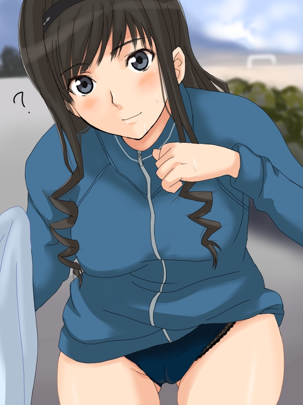nisina, morishima haruka, amagami, bad id, bad pixiv id, 1girl, ?, black hair, black panties, buruma, cameltoe, curly hair, female focus, jacket, long hair, panties, panties under buruma, solo, track jacket, underwear
