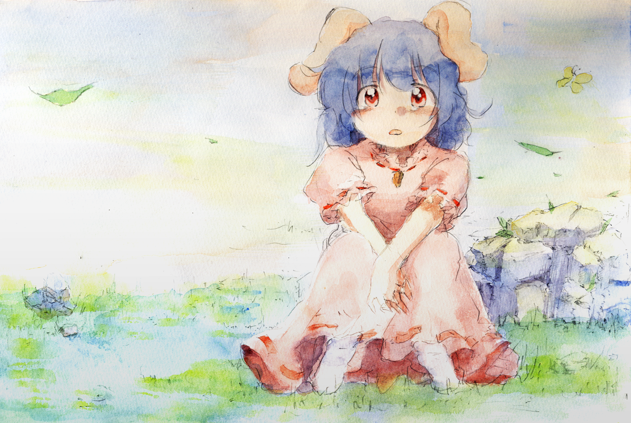 yasunao (yasunao-z), inaba tewi, touhou, bad id, bad pixiv id, painting (medium), traditional media, watercolor (medium), 1girl, animal ears, blue hair, blush, dress, female focus, nature, rabbit ears, red eyes, solo, tears