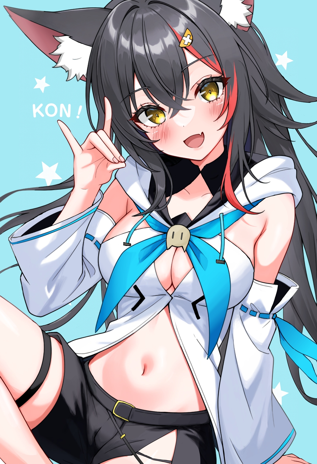beaterpx, ookami mio, shirakami fubuki, shirakami fubuki (1st costume), hololive, highres, 1girl, animal ear fluff, animal ears, aqua neckerchief, black hair, black shorts, blush, breasts, cleavage, collarbone, cosplay, detached sleeves, fox shadow puppet, hair between eyes, hair ornament, long sleeves, looking at viewer, medium breasts, multicolored hair, navel, neckerchief, open mouth, red hair, shirakami fubuki (cosplay), shirt, short shorts, shorts, smile, solo, stomach, thigh strap, white shirt, wide sleeves, wolf ears, wolf girl, yellow eyes