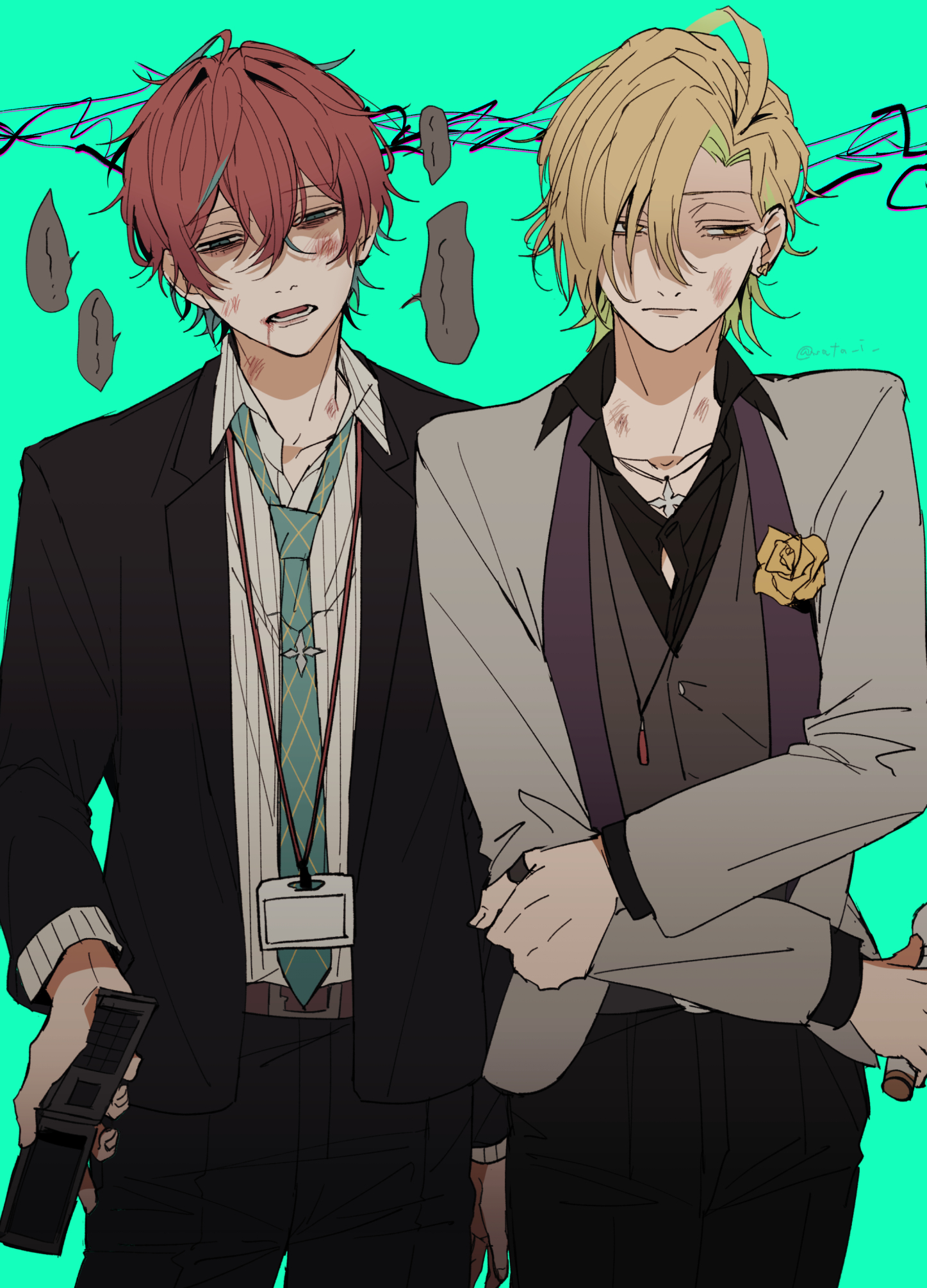 wata i, izanami hifumi, kannonzaka doppo, hypnosis mic, highres, 2boys, ahoge, aqua background, aqua necktie, aqua streaks, averting eyes, bags under eyes, belt, black jacket, black pants, black shirt, blonde hair, blood, blood from mouth, brooch, brown belt, bruise, bruise on face, bruise on neck, button gap, cellphone, cowboy shot, crossed bangs, earrings, empty eyes, flip phone, frown, green streaks, grey vest, grid print, hair intakes, hair over one eye, hand on own elbow, head tilt, holding, holding microphone, holding phone, id card, injury, jacket, jewelry, looking down, looking to the side, male focus, microphone, multiple boys, necktie, open mouth, pants, pendant, phone, red hair, ring, salaryman, shirt, speech bubble, striped clothes, striped shirt, twitter username, vest, white shirt