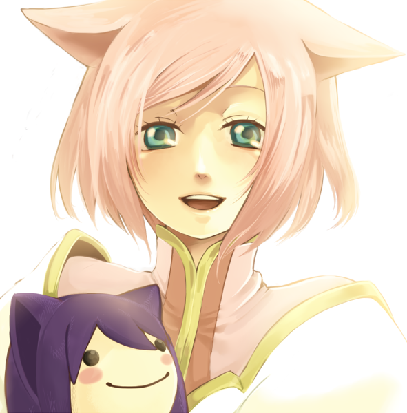 shirou (vista), estellise sidos heurassein, yuri lowell, tales of (series), tales of vesperia, bad id, bad pixiv id, 00s, 1girl, animal ears, cat ears, character doll, doll, green eyes, kemonomimi mode, overdrive warrior, pink hair, short hair, smile
