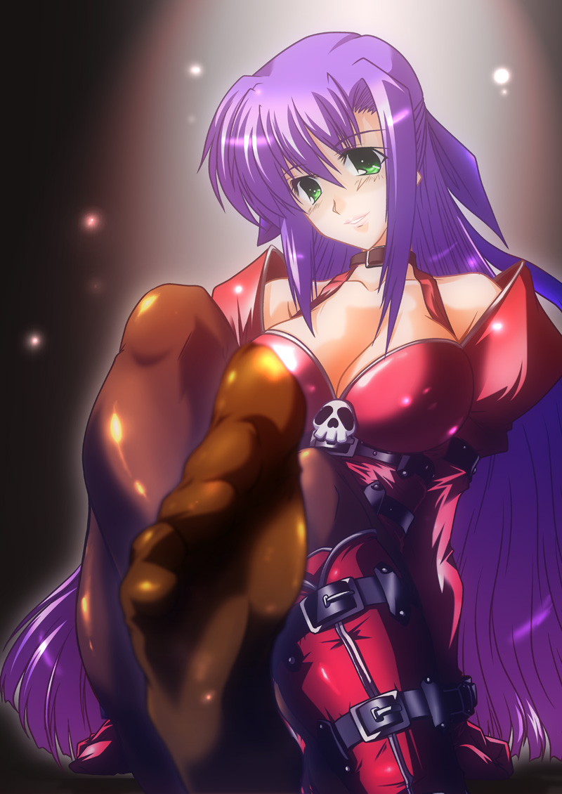 45acp, ginga nakajima, lyrical nanoha, mahou shoujo lyrical nanoha, mahou shoujo lyrical nanoha strikers, 00s, 1girl, breasts, collar, feet, female focus, gradient background, green eyes, long hair, pantyhose, purple hair, solo, very long hair