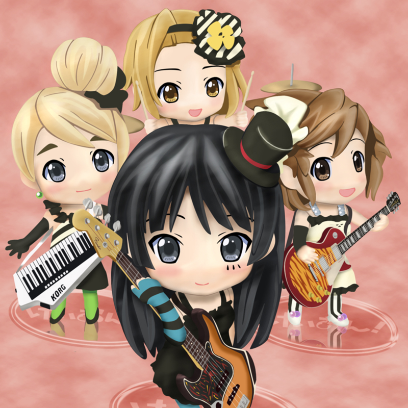 e-i-k, akiyama mio, hirasawa yui, kotobuki tsumugi, tainaka ritsu, don't say "lazy", k-on!, nendoroid, blue legwear, green legwear, striped legwear, vertical-striped legwear, bad id, bad pixiv id, 00s, 4girls, chibi, electric guitar, gibson les paul, guitar, hair bun, hat, ho-kago tea time, instrument, keytar, mini hat, mini top hat, multiple girls, pantyhose, single hair bun, striped clothes, striped pantyhose, top hat, vertical-striped clothes, vertical-striped pantyhose
