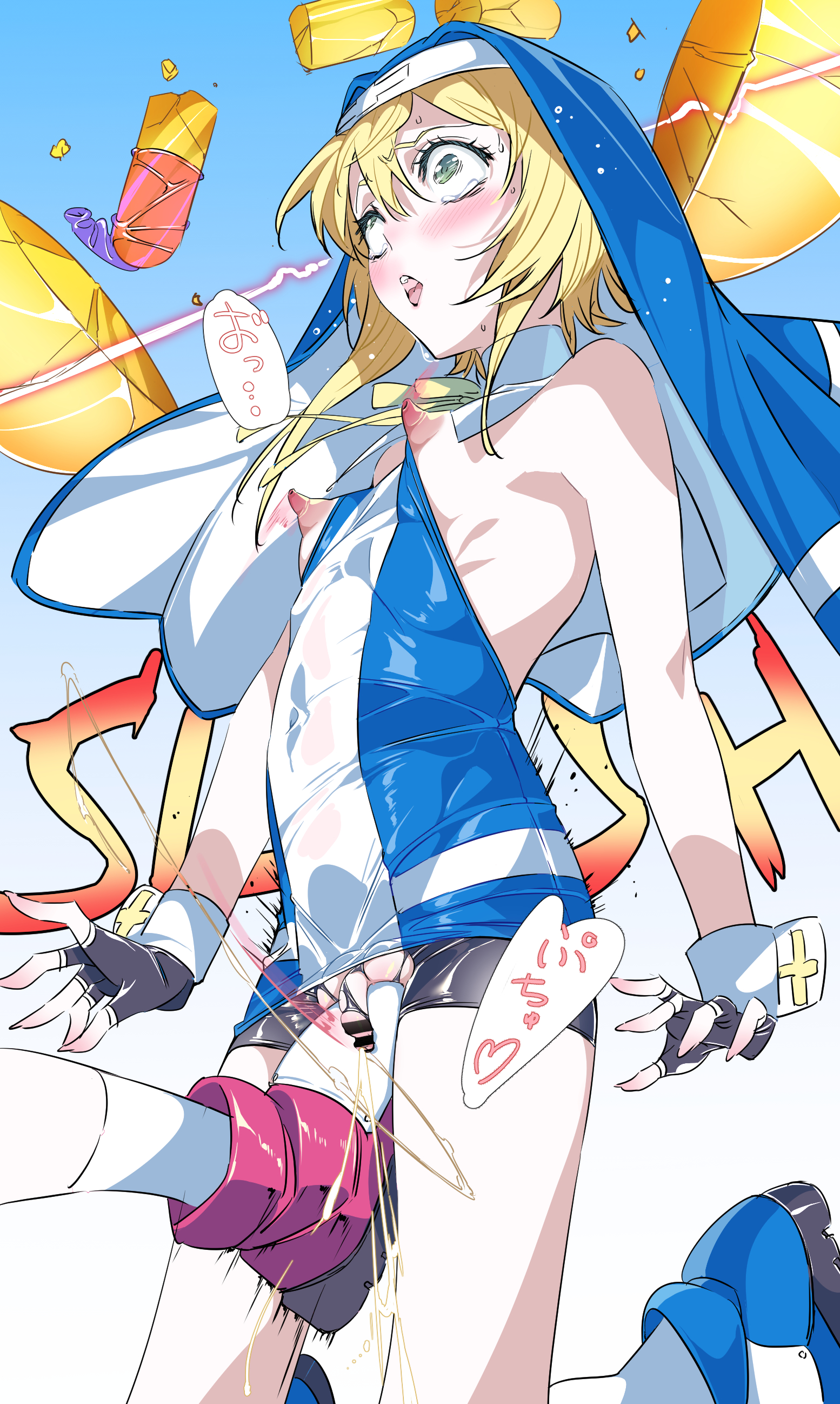 pokonyan (gr1lz), bridget (guilty gear), guilty gear, guilty gear xx, absurdres, highres, 2boys, alternate color, arms at sides, ball busting, bare shoulders, bdsm, bike shorts, black gloves, blonde hair, blue background, blue shoes, blue veil, blush, breasts, breasts out, broken, cbt, covered navel, crack, cross, cross print, crotch kick, cum, dashed eyes, ejaculation, fingerless gloves, gloves, gradient background, green eyes, hair between eyes, handsfree ejaculation, long sidelocks, motion lines, multiple boys, neck ribbon, nipples, nun, open mouth, penis, pink shoes, player 2, ribbon, ribs, selfcest, shoes, sidelocks, small breasts, small penis, socks, solo focus, sound effects, speech bubble, sweat, tearing up, teeth, torn bike shorts, torn clothes, trap, uneven eyes, upper teeth only, veil, white background, white socks, white wrist cuffs, wrist cuffs, yaoi, yellow ribbon