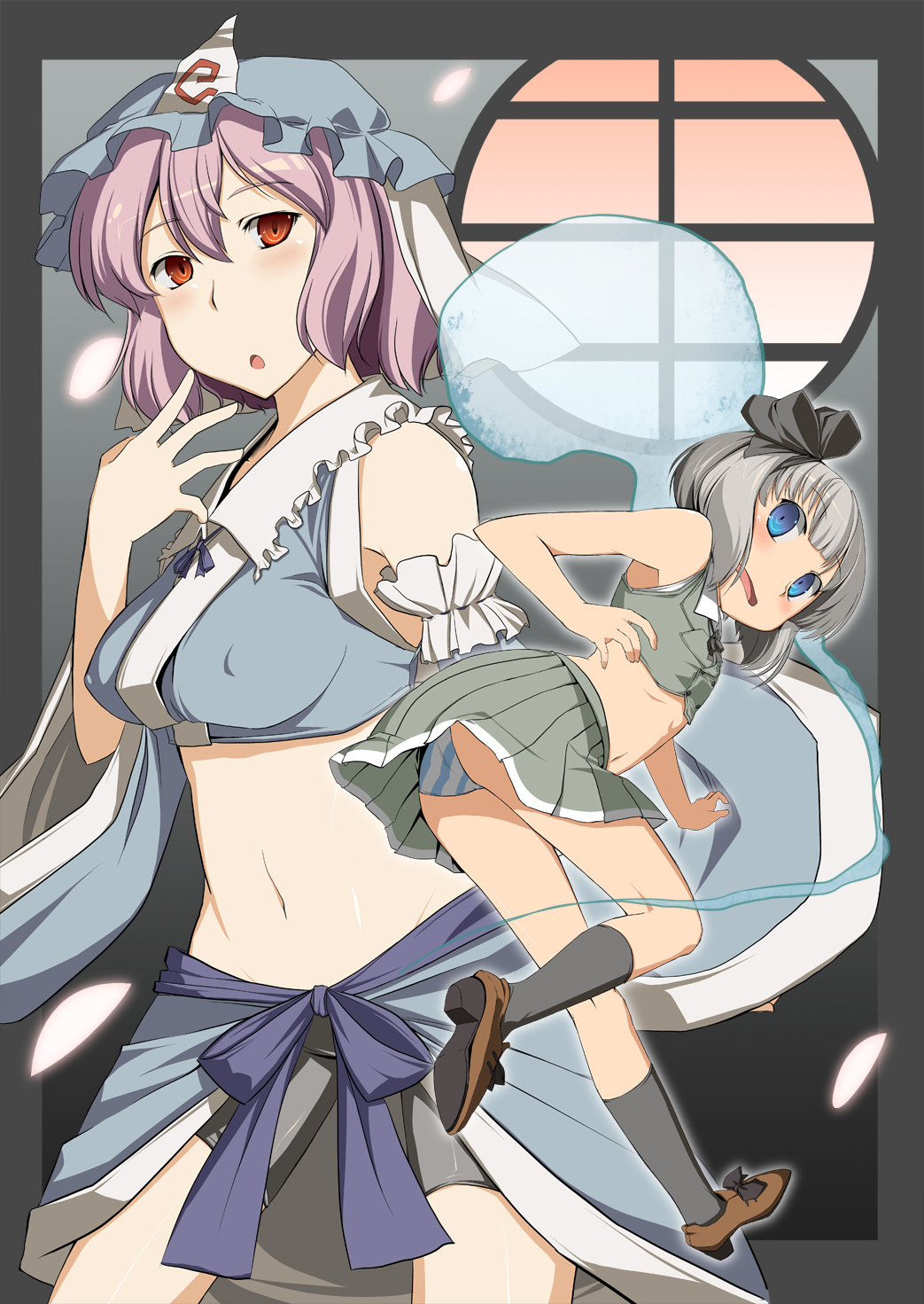 aaru (tenrake chaya), konpaku youmu, konpaku youmu (ghost), saigyouji yuyuko, touhou, silver hair, highres, 2girls, bike shorts, blue eyes, blush, breasts, covered erect nipples, detached sleeves, female focus, hairband, hat, multiple girls, open mouth, panties, pink hair, red eyes, ribbon, short hair, striped clothes, striped panties, underwear, upskirt
