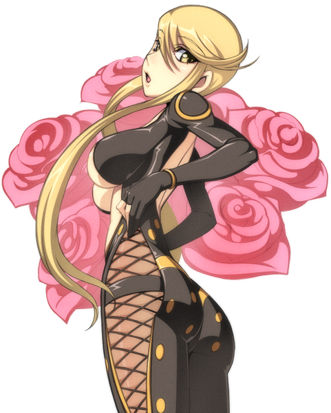 caryo, nanashino, kasuga, kasuga (sengoku basara), sengoku basara, 00s, 1girl, ass, bare hips, blonde hair, breasts, center opening, female focus, fingerless gloves, flower, gloves, large breasts, long hair, looking back, rose, sideboob, solo, yellow eyes