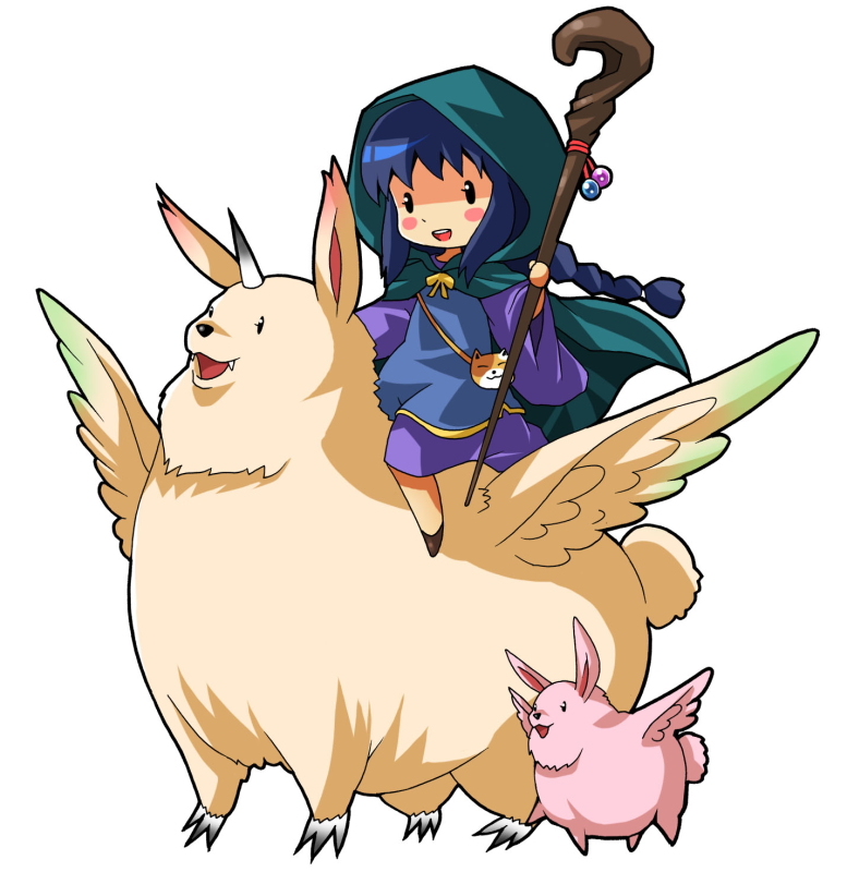 michii yuuki, original, pixiv fantasia, pixiv fantasia 3, bad id, bad pixiv id, 1girl, braid, chibi, cloak, creature, female focus, hood, horns, solo, staff, wings