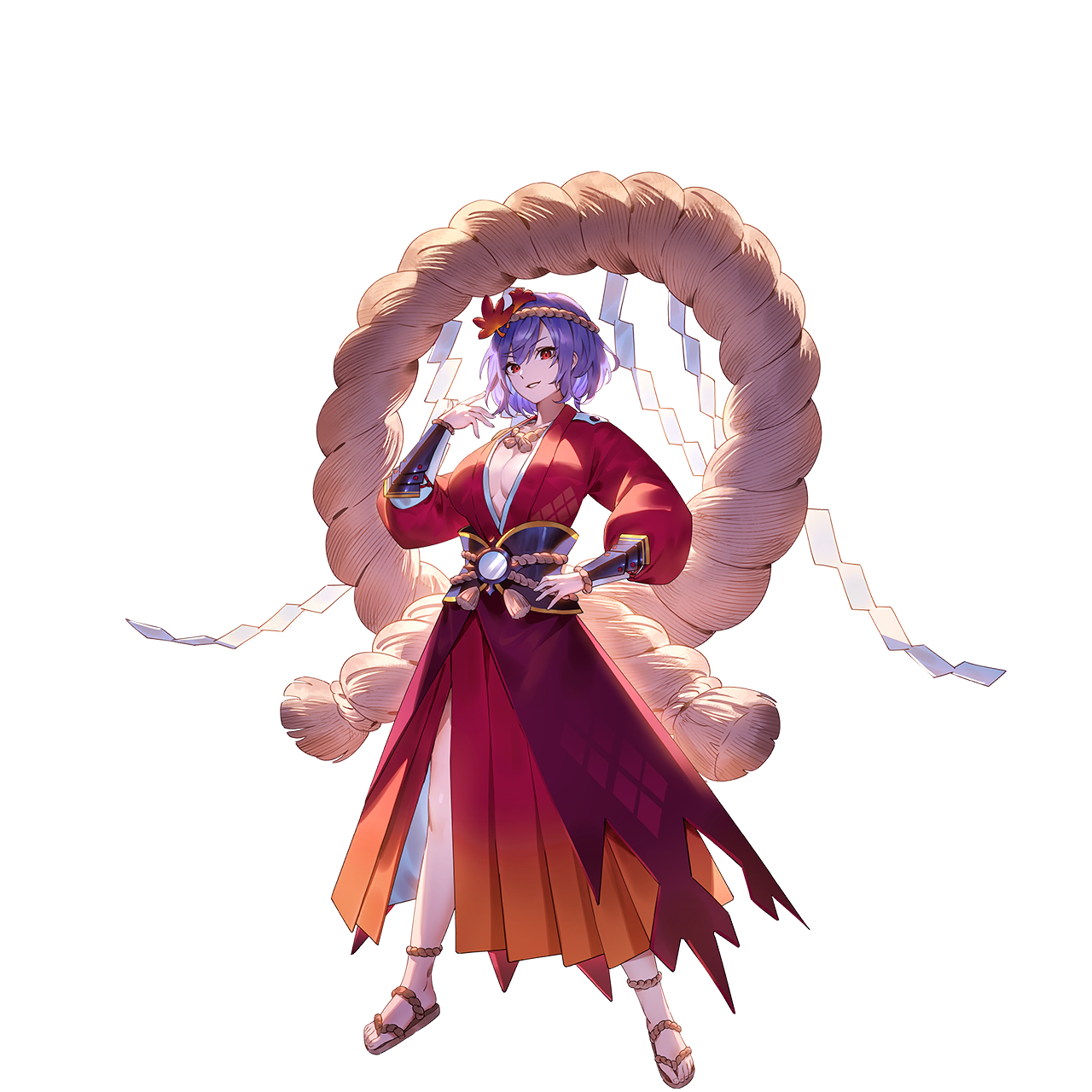 u u zan, yasaka kanako, touhou, touhou gensou eclipse, game cg, highres, non-web source, official art, second-party source, 1girl, alternate costume, arm guards, breasts, center opening, full body, hair ornament, hand on own hip, headband, japanese clothes, kimono, leaf hair ornament, long sleeves, looking at viewer, maple leaf hair ornament, mirror, onbashira, open clothes, open kimono, puffy long sleeves, puffy sleeves, purple hair, red eyes, red kimono, rope, rope necklace, shide, shimenawa, short hair, smile, solo, tachi-e