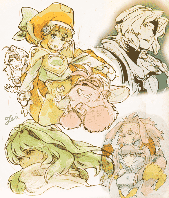 tei ichi, bartholomew fatima, chu-chu, chu chu (xenogears), emerada (xenogears), marguerite fatima, seraphita, seraphita (xenogears), tolone, tolone (xenogears), xenogears, looking away, 1boy, 4girls, ^ ^, ahoge, animal ears, armor, blue eyes, braid, carrying, closed eyes, creature, drooling, eyepatch, green hair, happy, hat, long hair, long sleeves, multiple girls, orange hat, piggyback, pink hair, scarf, short hair, single braid, smile, tail, twintails, yellow eyes