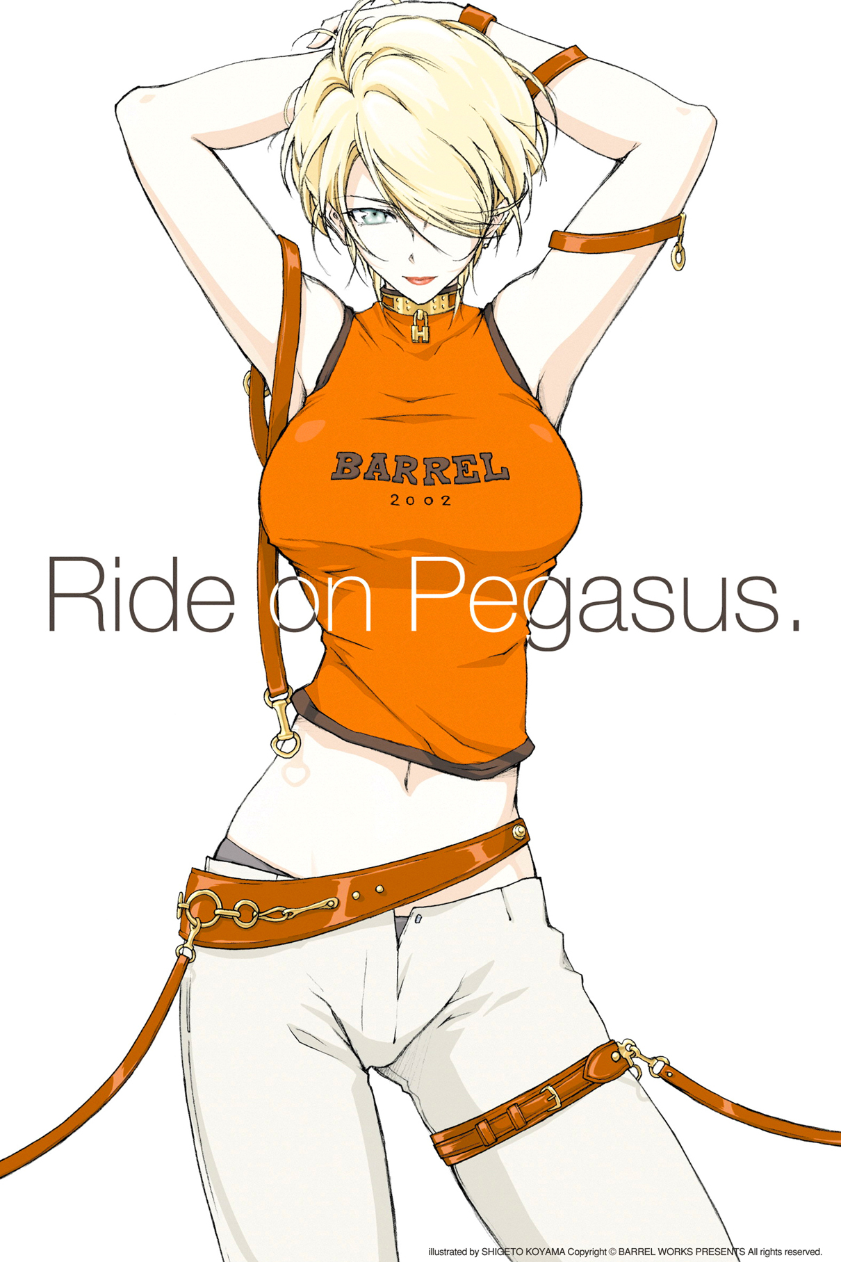 koyama shigeto, sayla mass, for the barrel, gundam, mobile suit gundam, highres, official art, 1girl, armpits, arms behind back, arms up, belt, blonde hair, breasts, choker, female focus, hair over one eye, large breasts, midriff, navel, open fly, open zipper, short hair, solo, unzipped, zipper