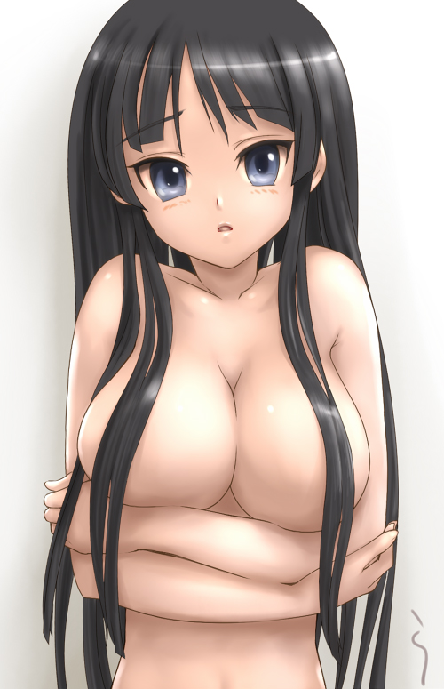 rasukaru, akiyama mio, k-on!, breast hold, 00s, 1girl, black hair, blue eyes, blunt bangs, breasts, censored, completely nude, convenient censoring, crossed arms, female focus, hair censor, hair over breasts, hime cut, large breasts, long hair, nude, solo, topless frame, upper body
