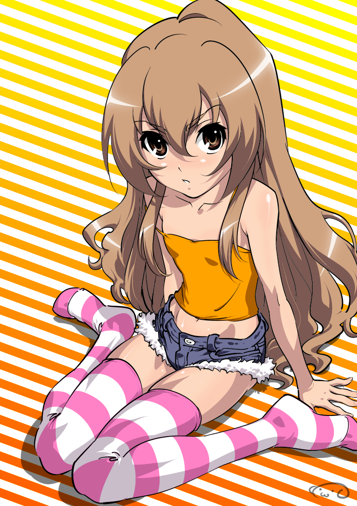 suna (sandworks), aisaka taiga, toradora!, 00s, 1girl, bare shoulders, brown eyes, brown hair, denim, denim shorts, feet, female focus, flat chest, kneeling, legs, long hair, looking at viewer, midriff, no shoes, short shorts, shorts, solo, striped clothes, striped thighhighs, thighhighs