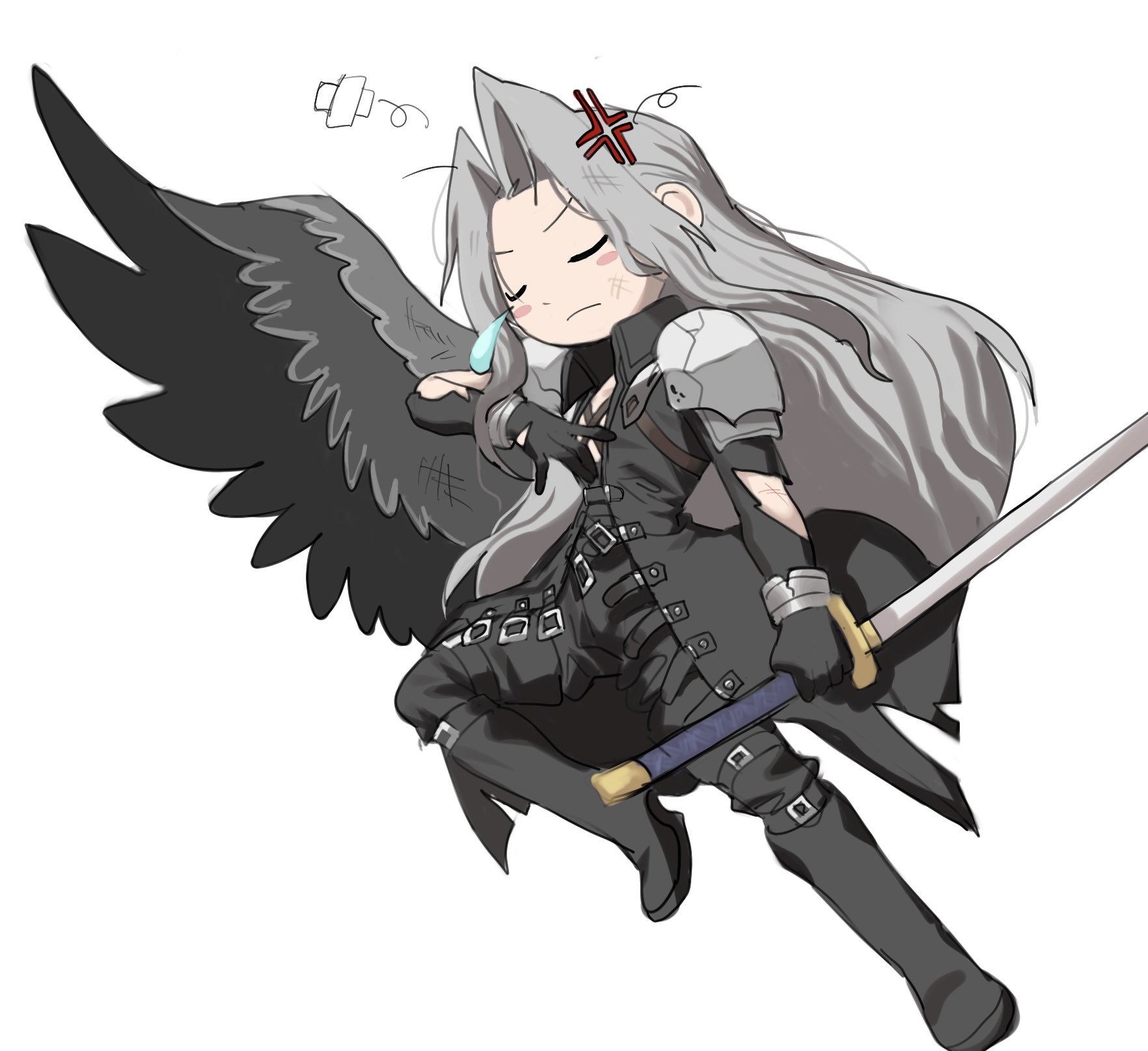 hattouissenbaka, sephiroth, final fantasy, final fantasy vii, final fantasy vii remake, touhou, commentary request, highres, anger vein, arm up, armor, bandages, black boots, black coat, black gloves, black pants, black wings, boots, bracer, chest strap, chibi, closed eyes, coat, cracked armor, feathered wings, gloves, grey hair, hair intakes, high collar, holding, holding sword, holding weapon, knee boots, long coat, long hair, masamune (ff7), messy hair, pants, parody, parted bangs, pauldrons, shoulder armor, single wing, style parody, sword, torn clothes, weapon, white background, wings, zun (style)