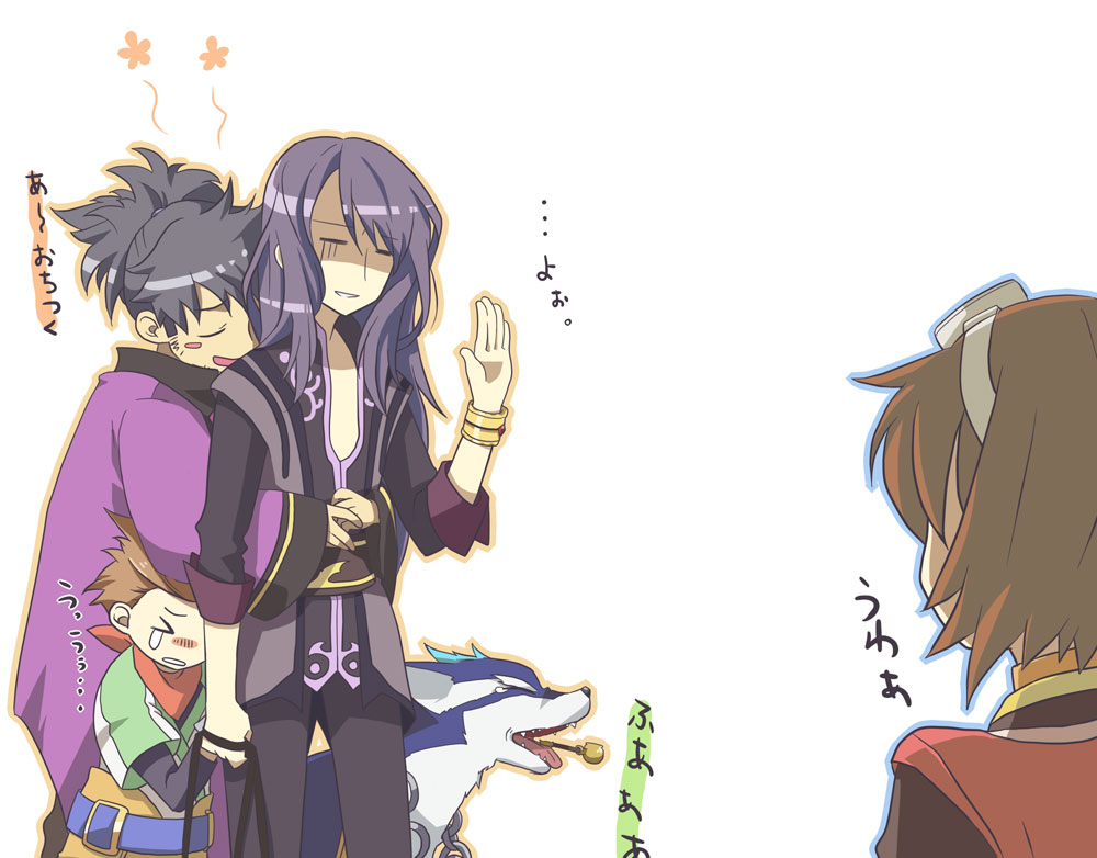 enomoto (luck-by-luck), karol capel, raven (tales), repede (tales), rita mordio, yuri lowell, tales of (series), tales of vesperia, bad id, bad pixiv id, 00s, 1girl, 3boys, black hair, blush, bracelet, brown hair, dog, goggles, jewelry, kiseru, long hair, multiple boys, ponytail, purple hair, scarf, short hair, smile, smoking pipe, tears