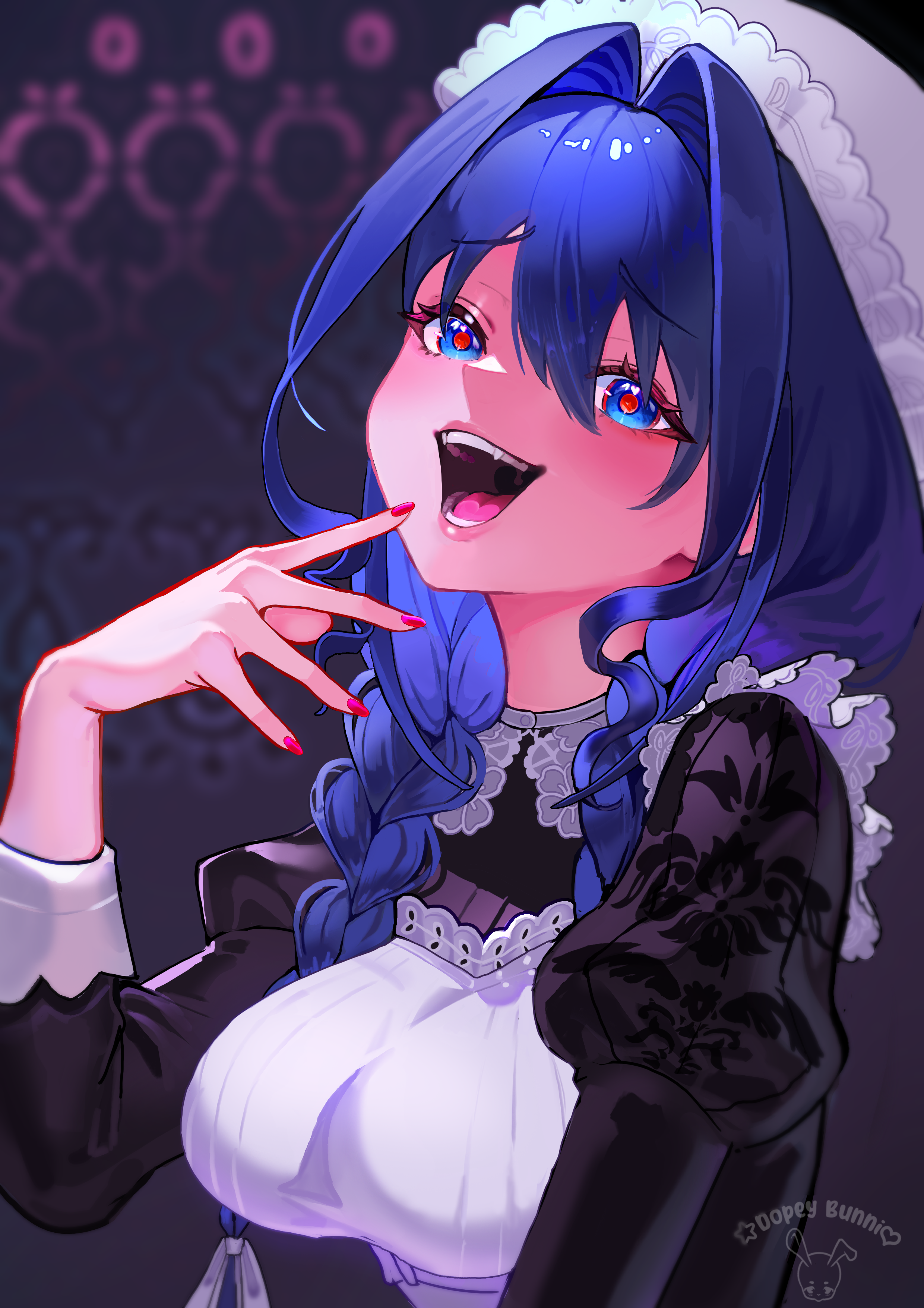 dopeybunni, ouro kronii, ouro kronii (maid), hololive, hololive english, absurdres, commentary, highres, revision, 1girl, apron, black dress, blue eyes, blue hair, braid, breasts, dress, hair intakes, hat, long hair, low twin braids, maid apron, mob cap, official alternate costume, official alternate hairstyle, open mouth, red pupils, solo, teeth, twin braids, virtual youtuber, white apron, yandere