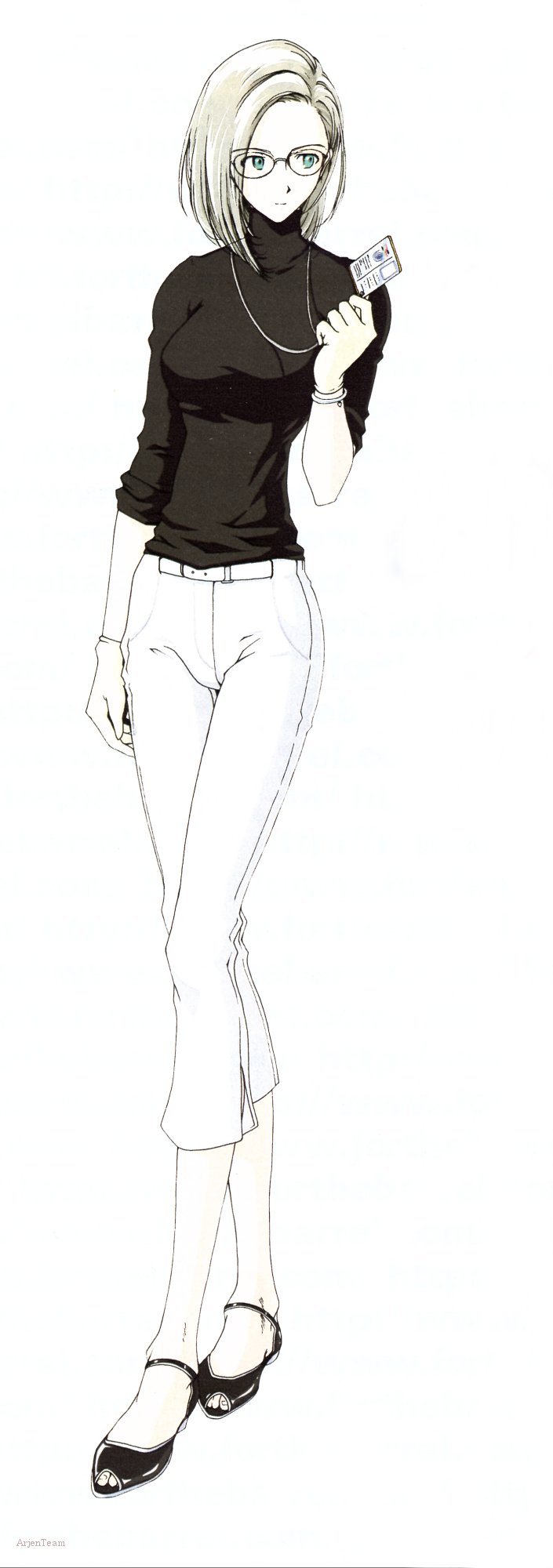 fraw bow, for the barrel, gundam, highres, long image, tall image, 1girl, belt, breasts, female focus, full body, glasses, gloves, long legs, pants, short hair, simple background, sleeves rolled up, solo, sweater, turtleneck, white hair
