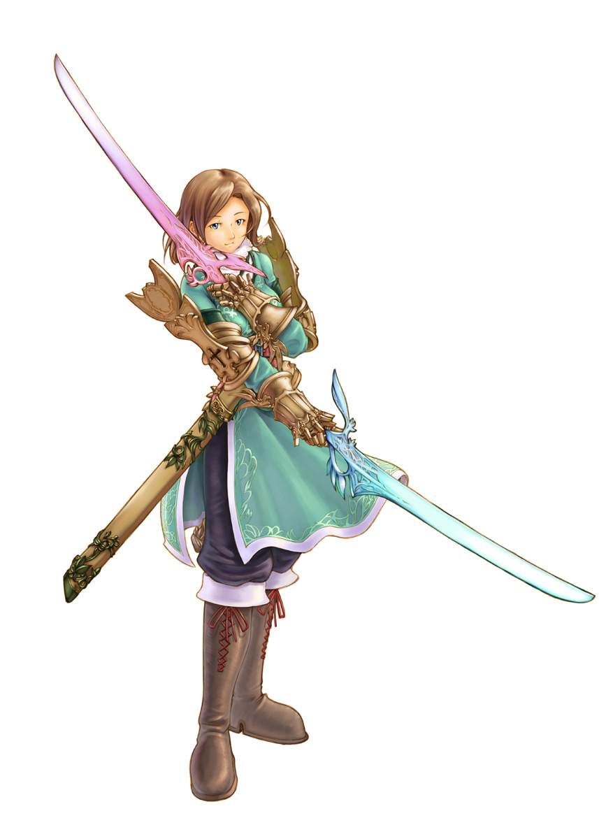 momigara (mmgrkmnk), nawashiro, frimelda lotice, final fantasy, final fantasy tactics a2, final fantasy tactics advance, bad id, bad pixiv id, highres, 1girl, armor, boots, brown hair, dual wielding, female focus, gauntlets, green eyes, holding, knight, pauldrons, scabbard, sheath, short hair, shoulder armor, simple background, solo, sword, weapon