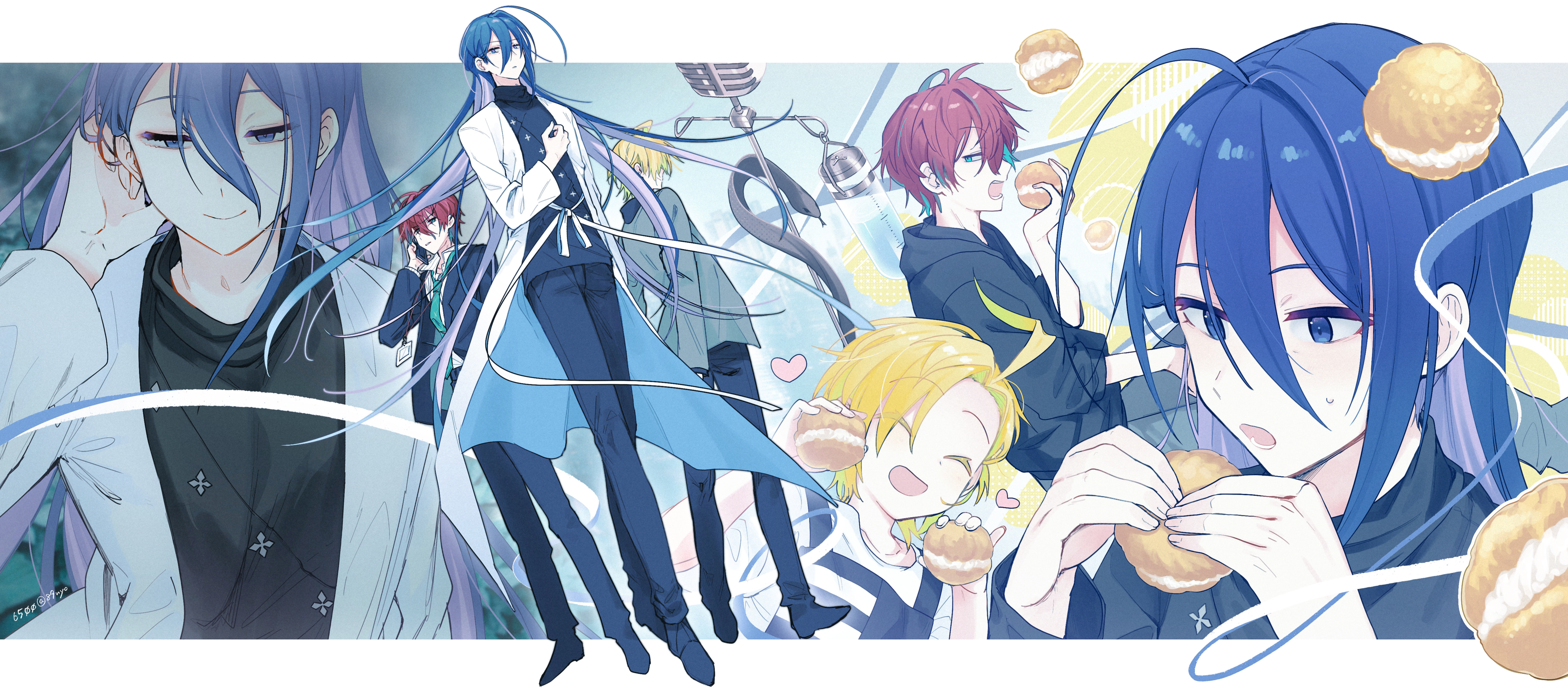 c asca, izanami hifumi, jinguji jakurai, kannonzaka doppo, hypnosis mic, absurdres, highres, 3boys, ahoge, aqua eyes, aqua streaks, black hoodie, black jacket, black pants, black shoes, blue eyes, closed eyes, coat, facing away, floating clothes, floating hair, food, green necktie, green streaks, grey jacket, hair between eyes, hair intakes, half-closed eyes, heart, height difference, holding, holding food, holding phone, hood, hood down, hoodie, huge ahoge, imminent bite, jacket, lab coat, looking at object, looking at viewer, male focus, multicolored hair, multiple boys, necktie, pants, phone, profile, purple hair, shirt, shoes, small sweatdrop, smile, turtleneck, two-tone hair, white coat, white shirt