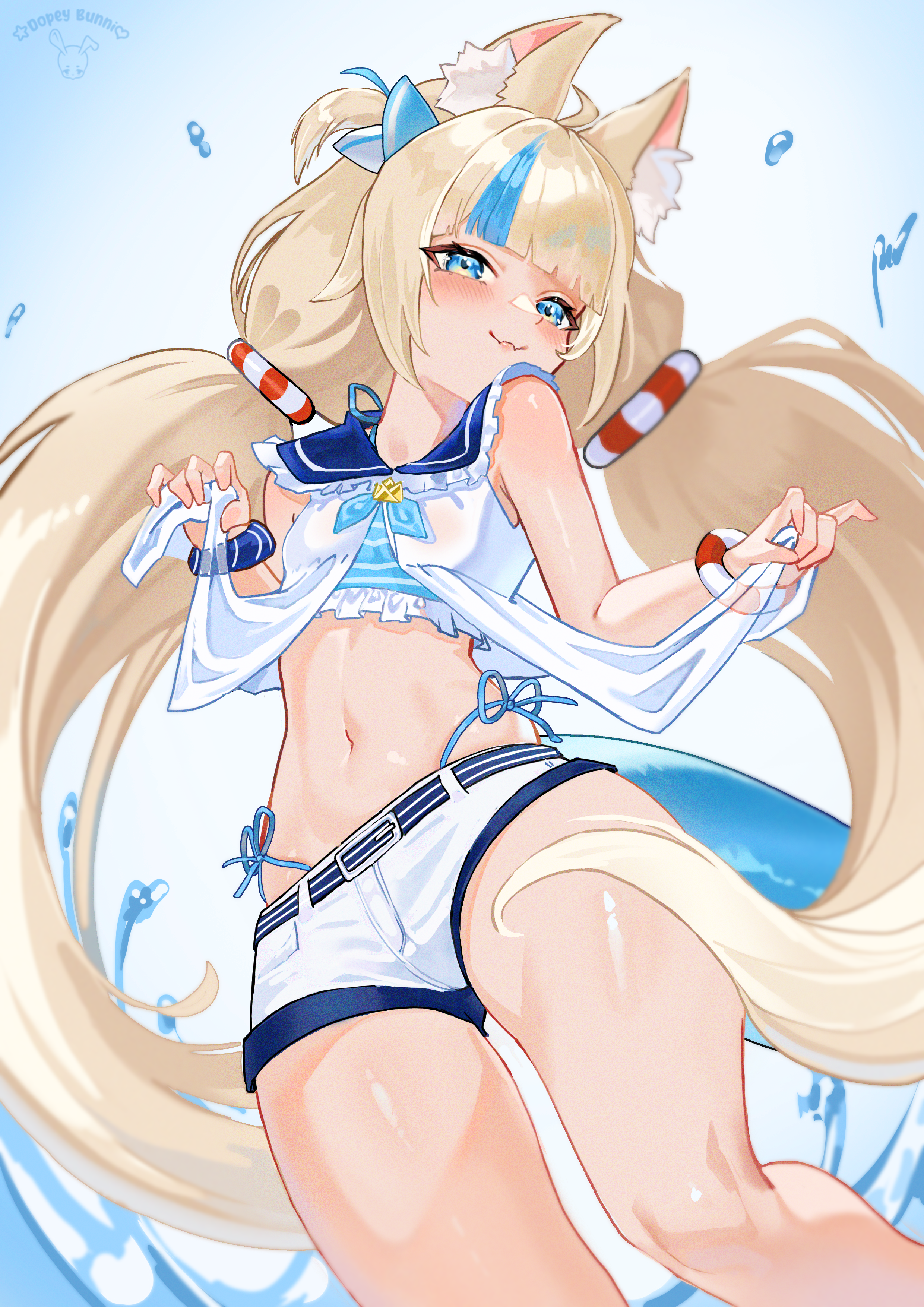 dopeybunni, sameko saba, indie virtual youtuber, absurdres, commentary, highres, 1girl, animal ear fluff, animal ears, bare shoulders, blonde hair, blue eyes, blue streaks, cat ears, crop top, denim, denim shorts, fins, fish girl, fish tail, knees, long hair, midriff, multicolored hair, navel, short shorts, shorts, sleeveless, solo, stomach, streaked hair, tail, thighs, twintails, two-tone hair, very long hair, virtual youtuber