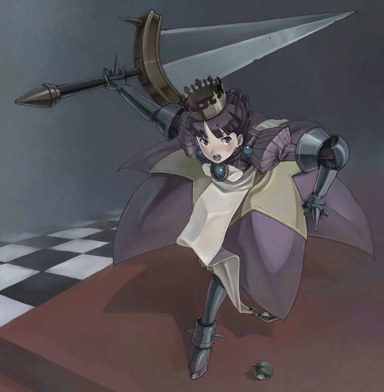 metalinu, gradriel, gradriel de valendia, atlus, princess crown, 1girl, apple, armor, armored dress, brooch, crown, dress, earrings, food, fruit, gauntlets, gold crown, greaves, grey background, jewelry, muted color, purple eyes, purple hair, sword, weapon
