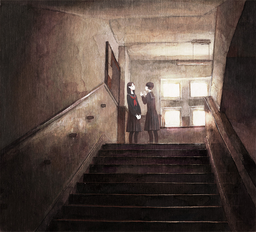 kumaori jun, original, bad id, bad pixiv id, 2girls, dark, multiple girls, school, school uniform, serafuku, stairs