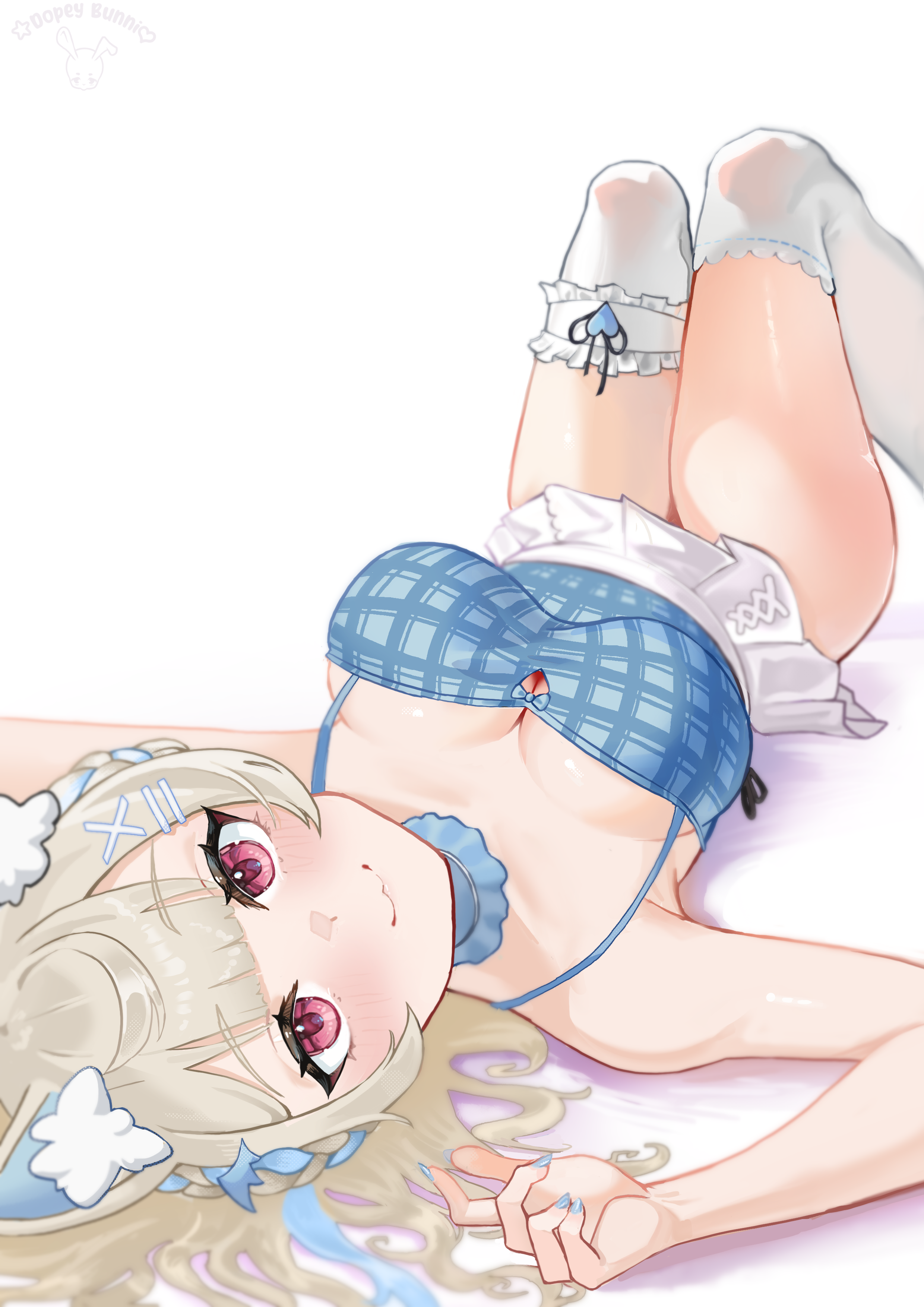 dopeybunni, fuwawa abyssgard, fuwawa abyssgard (casual), hololive, hololive english, absurdres, commentary, english commentary, highres, 1girl, animal ear fluff, animal ears, bare shoulders, blonde hair, blue hair, blue tank top, breasts, cleavage, dog ears, dog girl, frilled thigh strap, hair ornament, large breasts, long hair, looking at viewer, lying, miniskirt, multicolored hair, on back, pink eyes, simple background, skirt, solo, streaked hair, tank top, thigh strap, thighhighs, virtual youtuber, white background, white skirt, white thighhighs, x hair ornament