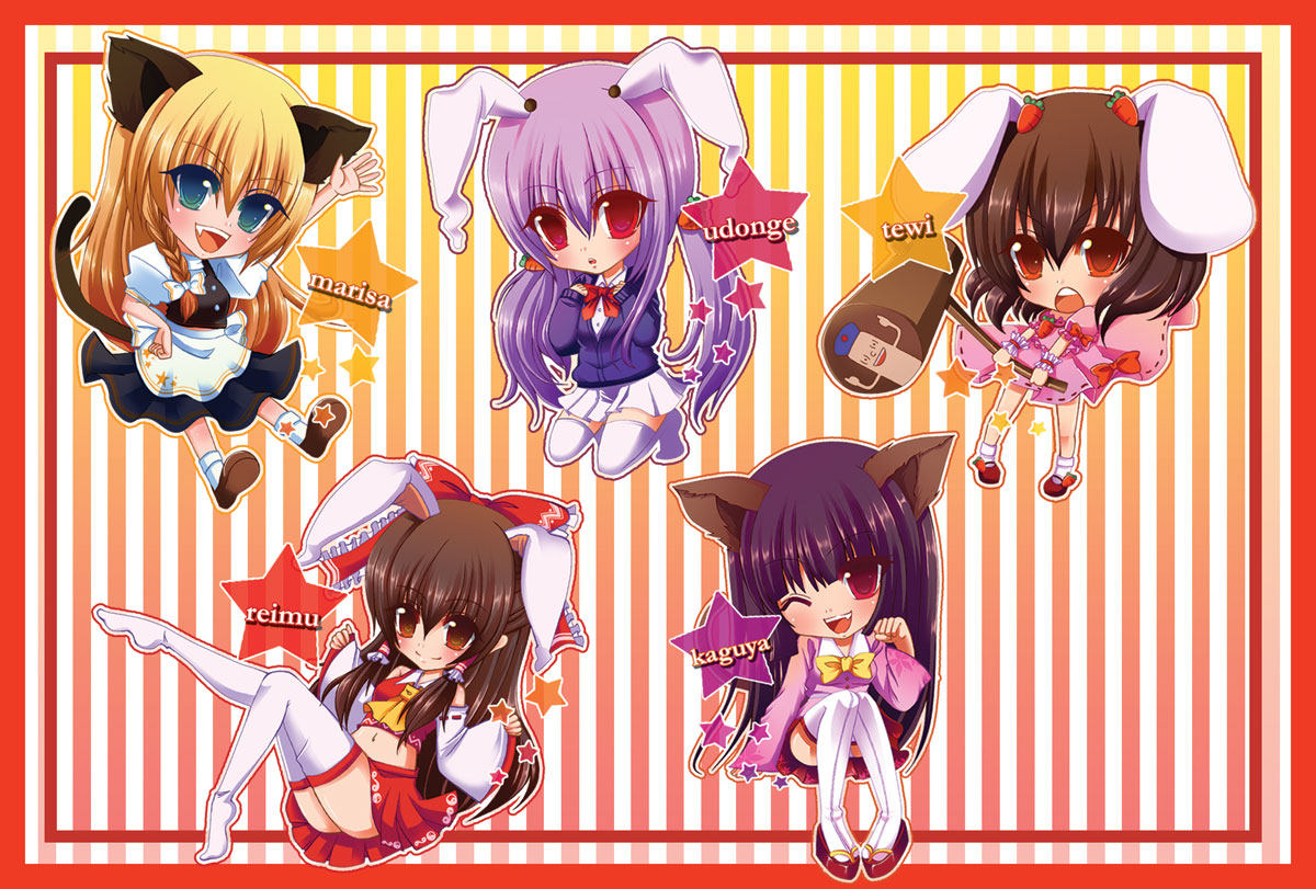 nonoko, yuuka nonoko, hakurei reimu, houraisan kaguya, inaba tewi, kirisame marisa, reisen udongein inaba, yagokoro, touhou, bad id, bad pixiv id, 5girls, ass, blonde hair, female focus, full body, gradient background, multiple girls, navel, skirt