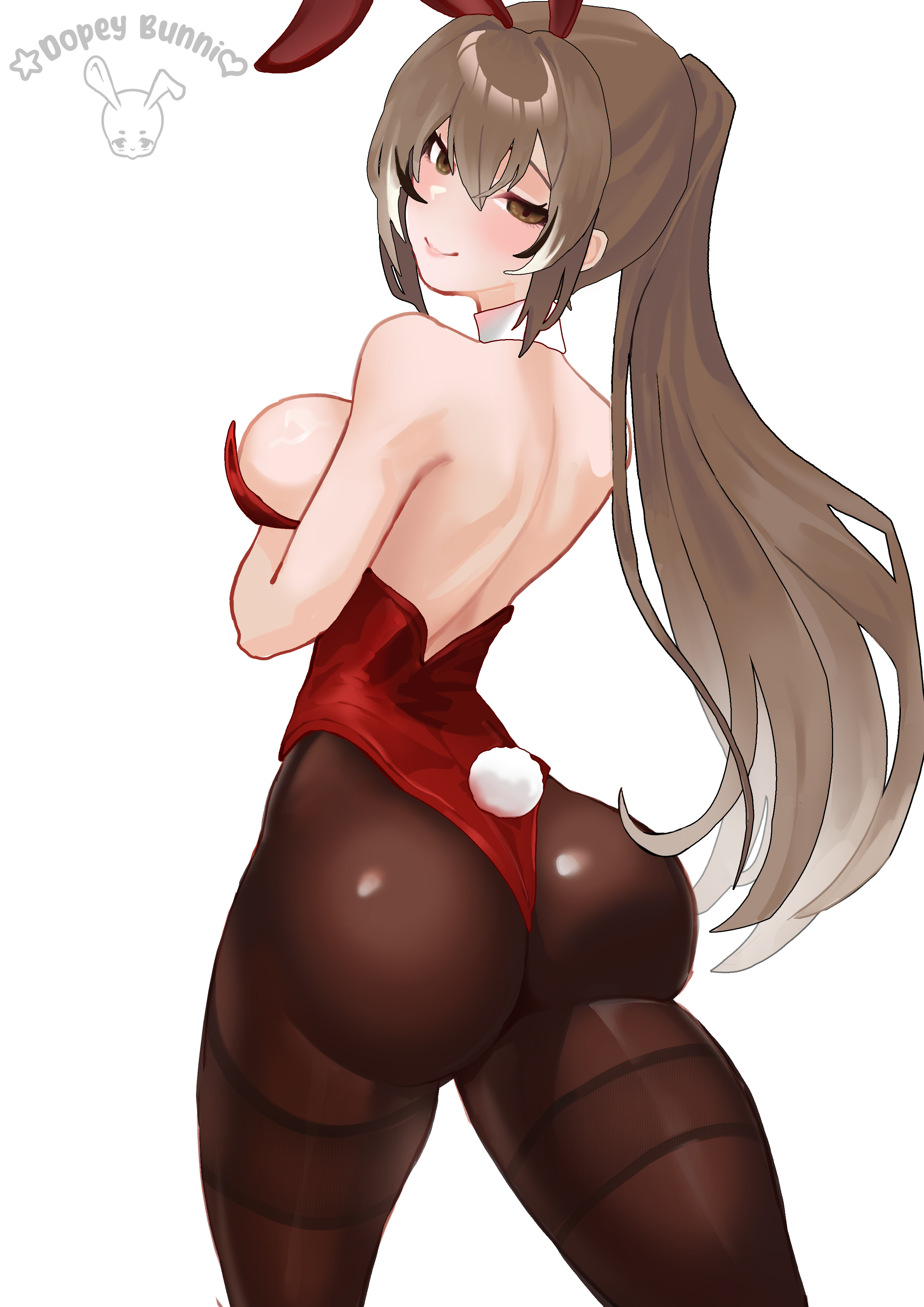 dopeybunni, nanashi mumei, hololive, hololive english, absurdres, commentary, english commentary, highres, 1girl, alternate costume, animal ears, ass, black pantyhose, breasts, brown eyes, brown hair, detached collar, fake tail, from behind, half-closed eyes, highleg, highleg leotard, leotard, long hair, looking at viewer, multicolored hair, pantyhose, playboy bunny, ponytail, rabbit ears, rabbit tail, red leotard, simple background, smile, solo, strapless, strapless leotard, streaked hair, tail, very long hair, virtual youtuber, white background