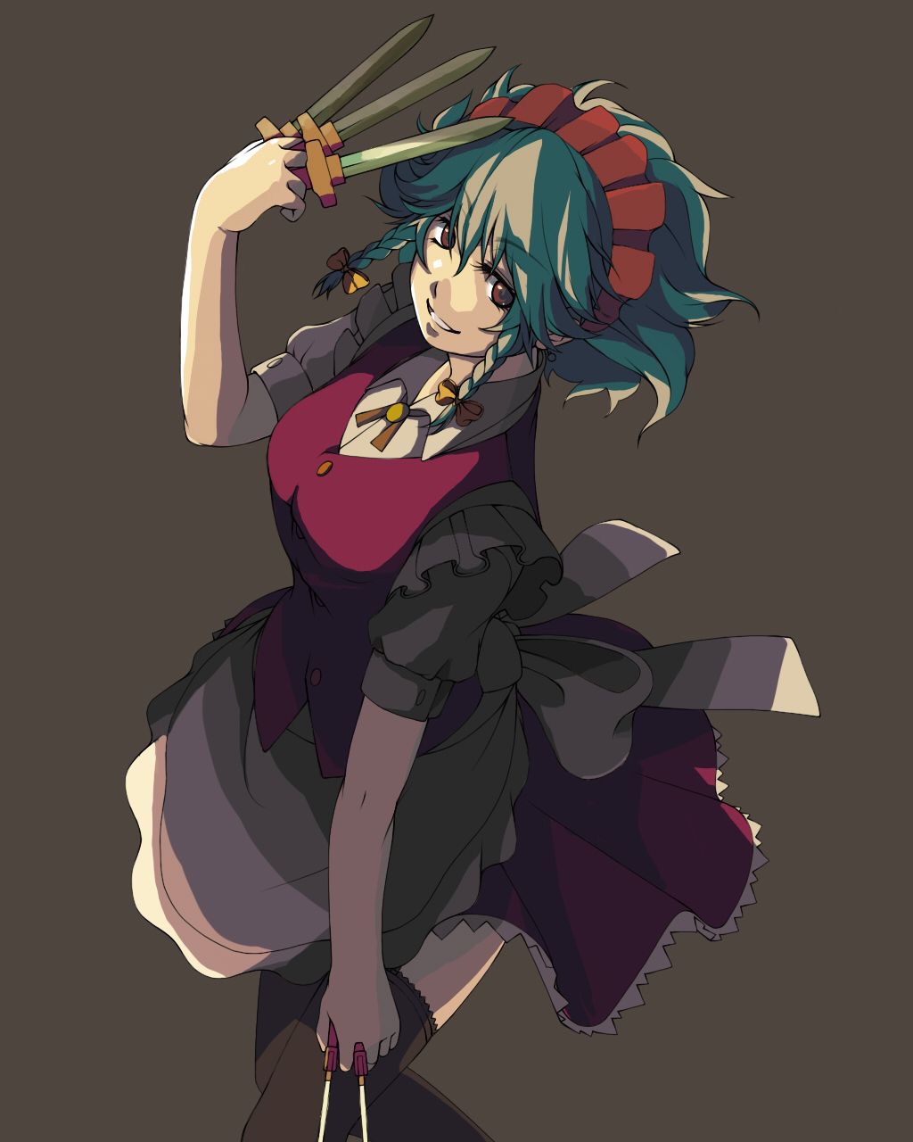 moriya, izayoi sakuya, touhou, silver hair, highres, 1girl, braid, female focus, knife, short hair, solo, thighhighs, twin braids