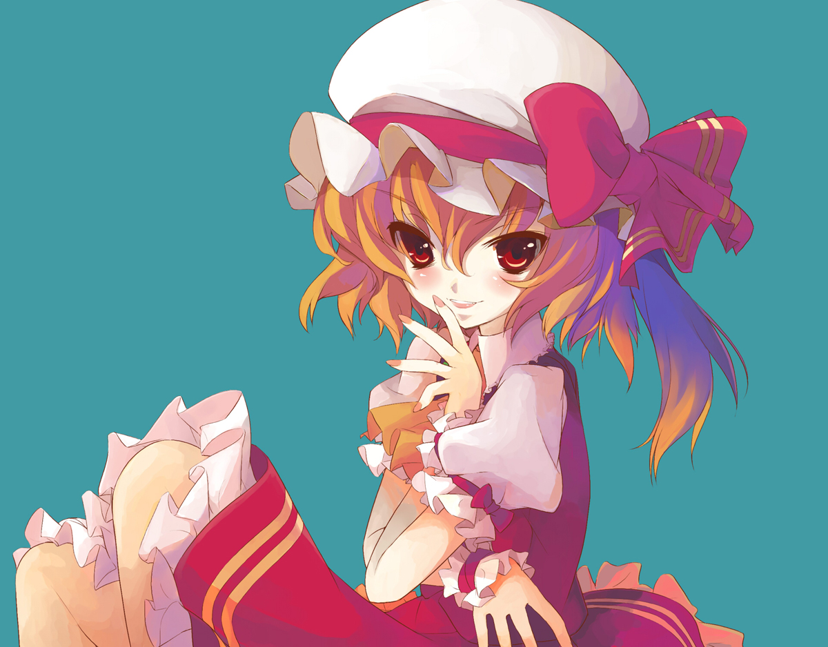 gotou nao, moriya, flandre scarlet, touhou, colorized, 1girl, blonde hair, blush, female focus, from side, hair between eyes, hat, mob cap, red eyes, solo