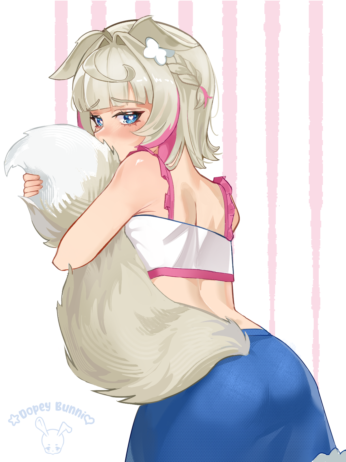 dopeybunni, mococo abyssgard, mococo abyssgard (casual), hololive, hololive english, commentary, english commentary, highres, 1girl, animal ears, artist name, ass, blonde hair, blue eyes, blue skirt, crop top, dog ears, dog girl, dog tail, grabbing own tail, heart, heart-shaped pupils, multicolored hair, official alternate costume, pink streaks, shirt, skirt, solo, streaked hair, symbol-shaped pupils, tail, virtual youtuber, white shirt
