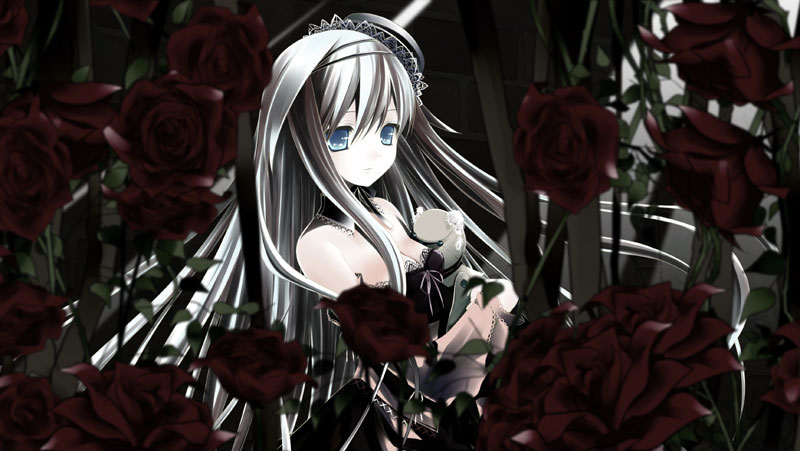 makita, makita maki, makita makino, original, silver hair, 1girl, bare shoulders, blue eyes, dress, female focus, flower, gothic lolita, hat, lolita fashion, long hair, rose, solo, strapless, strapless dress, stuffed animal, stuffed toy, teddy bear
