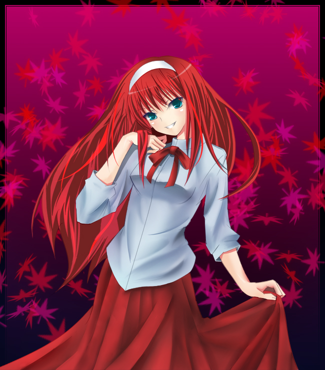 rico (pixiv), tohno akiha, toono akiha, vermillion akiha, tsukihime, type-moon, bad id, bad pixiv id, 00s, blouse, blue eyes, cowboy shot, hairband, leaf, long hair, red hair, shirt, skirt hold, smile, solo
