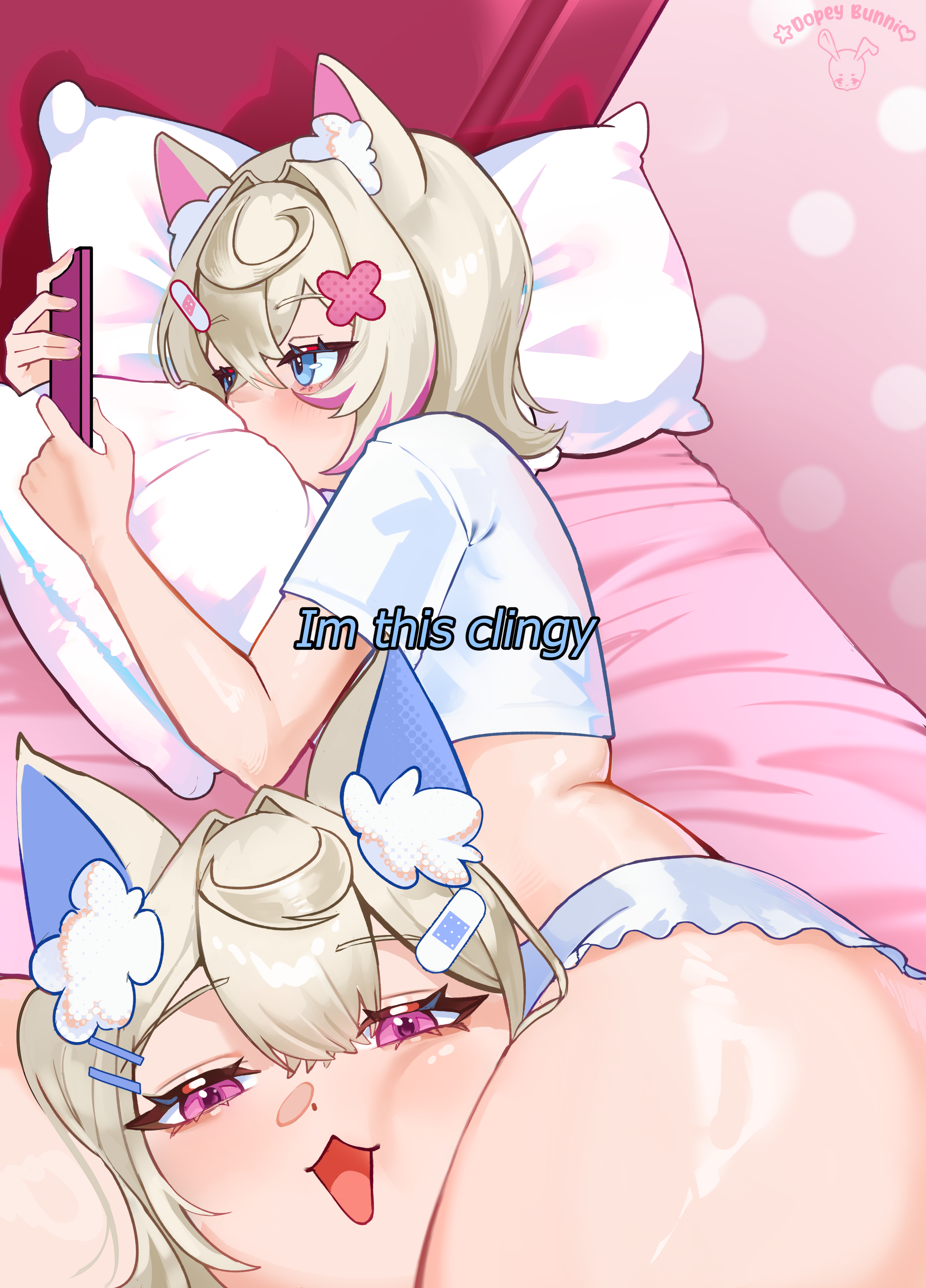 dopeybunni, fuwawa abyssgard, mococo abyssgard, hololive, hololive english, absurdres, commentary, english commentary, highres, 2girls, animal ear fluff, bandaid, bandaid hair ornament, blonde hair, blue eyes, crop top, english text, hair intakes, hair ornament, head between thighs, holding, holding phone, i'm this clingy (meme), lying, meme, micro shorts, multiple girls, on bed, on side, open mouth, phone, pillow, pink eyes, pink streaks, shirt, shorts, siblings, sisters, twins, virtual youtuber, white shirt, white shorts, x hair ornament