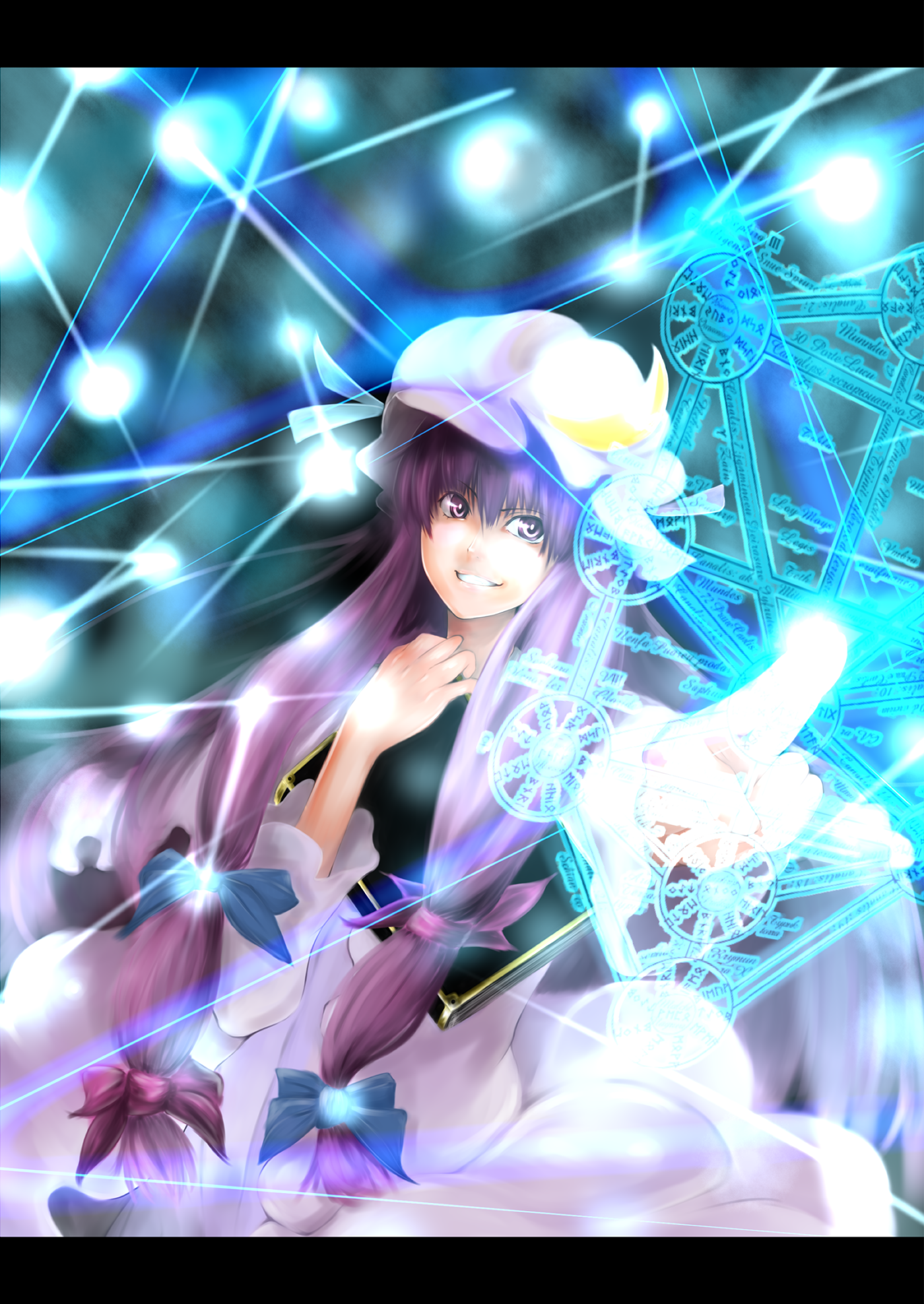 black maria, patchouli knowledge, touhou, bad id, bad pixiv id, highres, 1girl, book, female focus, grin, hair ribbon, hat, letterboxed, long hair, magic circle, purple eyes, purple hair, ribbon, smile, solo