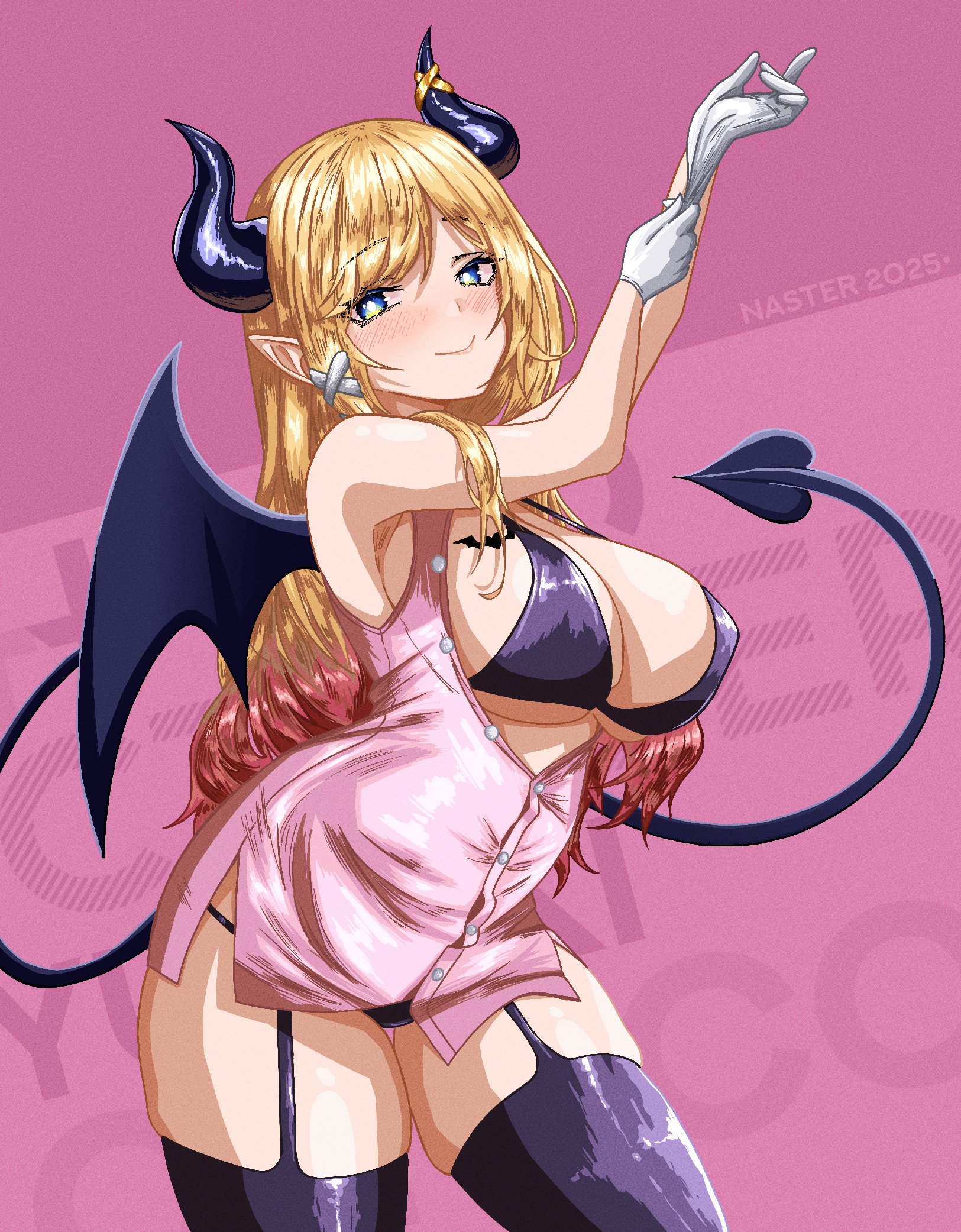 nasterro, yuzuki choco, hololive, highres, 1girl, adjusting clothes, adjusting gloves, alternate costume, bare shoulders, black bra, black panties, blonde hair, blue eyes, blush, bra, breasts, cleavage, demon girl, demon horns, demon tail, demon wings, dress, garter straps, gloves, hair ornament, hairclip, horns, large breasts, long hair, looking at viewer, nurse, panties, partially unbuttoned, pink dress, pointy ears, smile, solo, tail, underwear, virtual youtuber, white gloves, wings