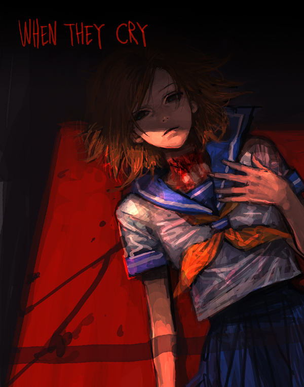 agasang, ryuuguu rena, higurashi no naku koro ni, bad id, bad pixiv id, 00s, 1girl, blood, female focus, injury, lying, orange hair, school uniform, serafuku, short hair, solo