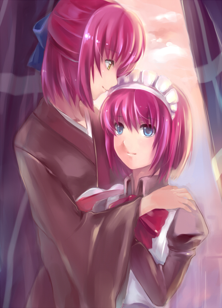 bla (artist), hisui (tsukihime), kohaku (tsukihime), tsukihime, type-moon, 00s, 2girls, blue eyes, hairband, maid, multiple girls, red hair, short hair, siblings, sisters, twins, yellow eyes