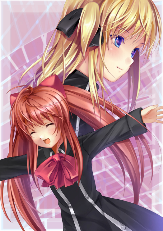 bla (artist), aloe, aloe (quiz magic academy), shalon, quiz magic academy, 2girls, blonde hair, blue eyes, blush, closed eyes, long hair, multiple girls, open mouth, outstretched arms, red hair, spread arms, twintails, two side up
